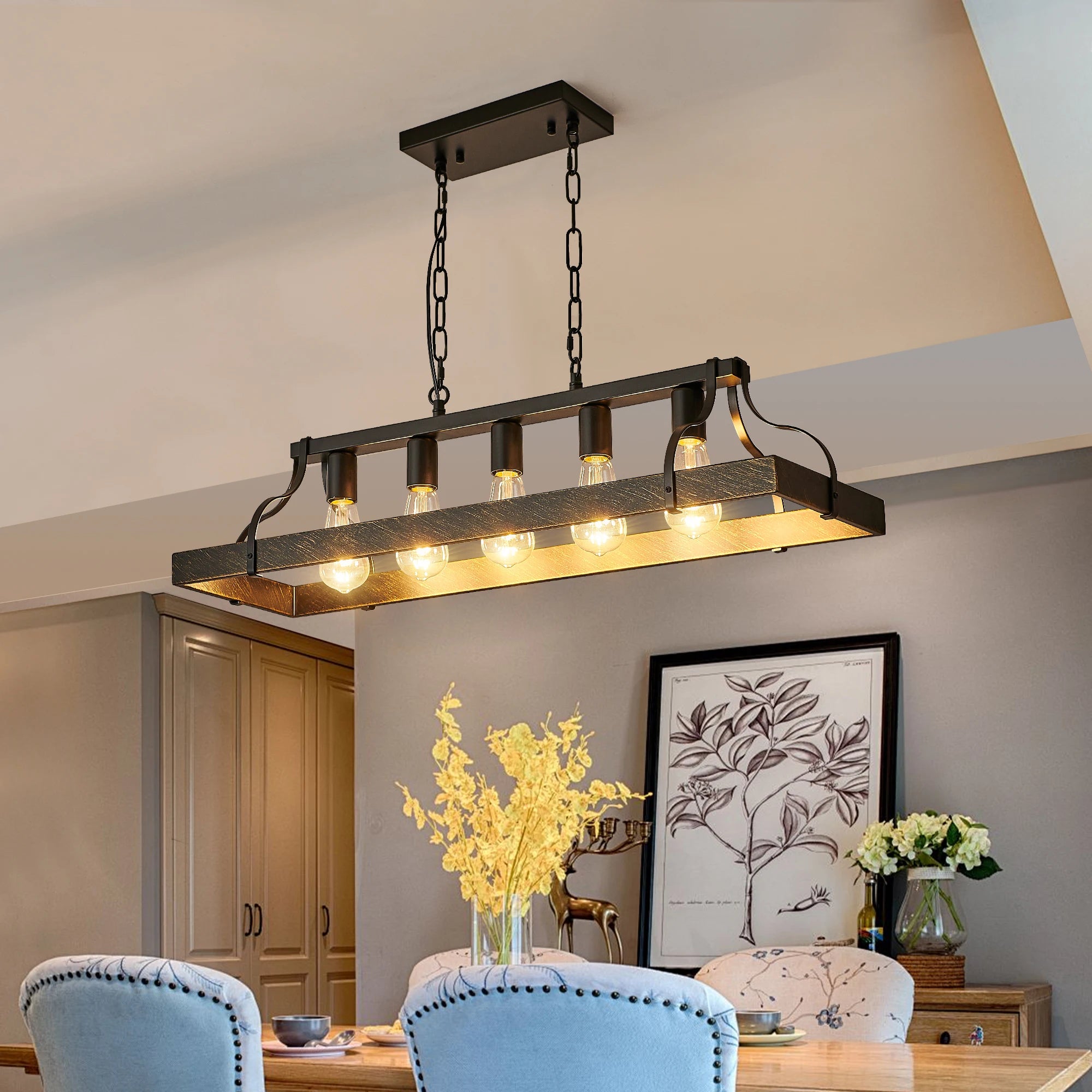34 Inch Black Gold Vintage Pendant Light,5 E26 Bulb Sockets,Adjustable Chain Height,Antique Style Chandelier (Bulb Not Included)