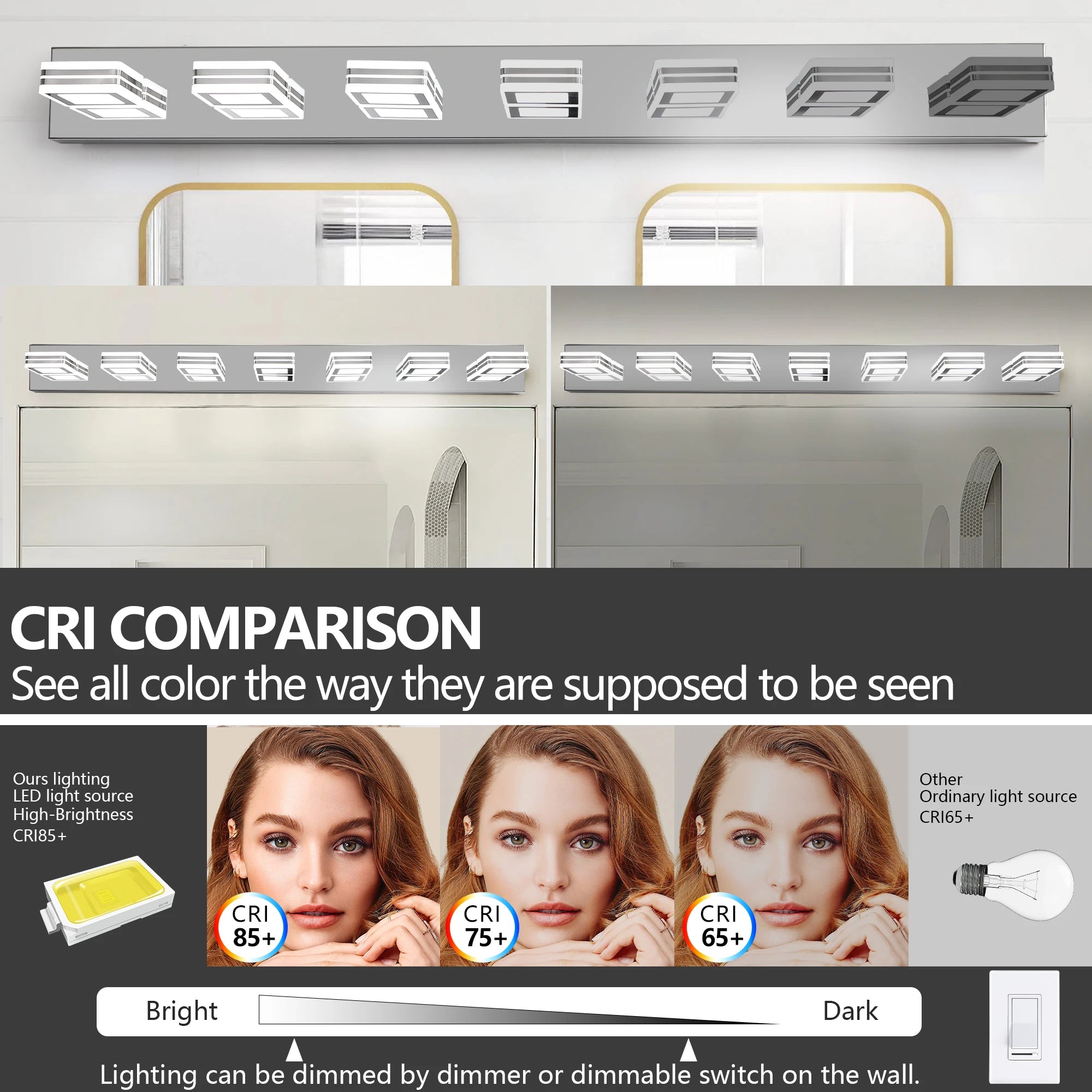 Ship in US,45" Modern Chrome 7-Light LED Vanity Light, Square Acrylic Lampshades Wall Mount Fixture for Bathroom,Mirror Lighting