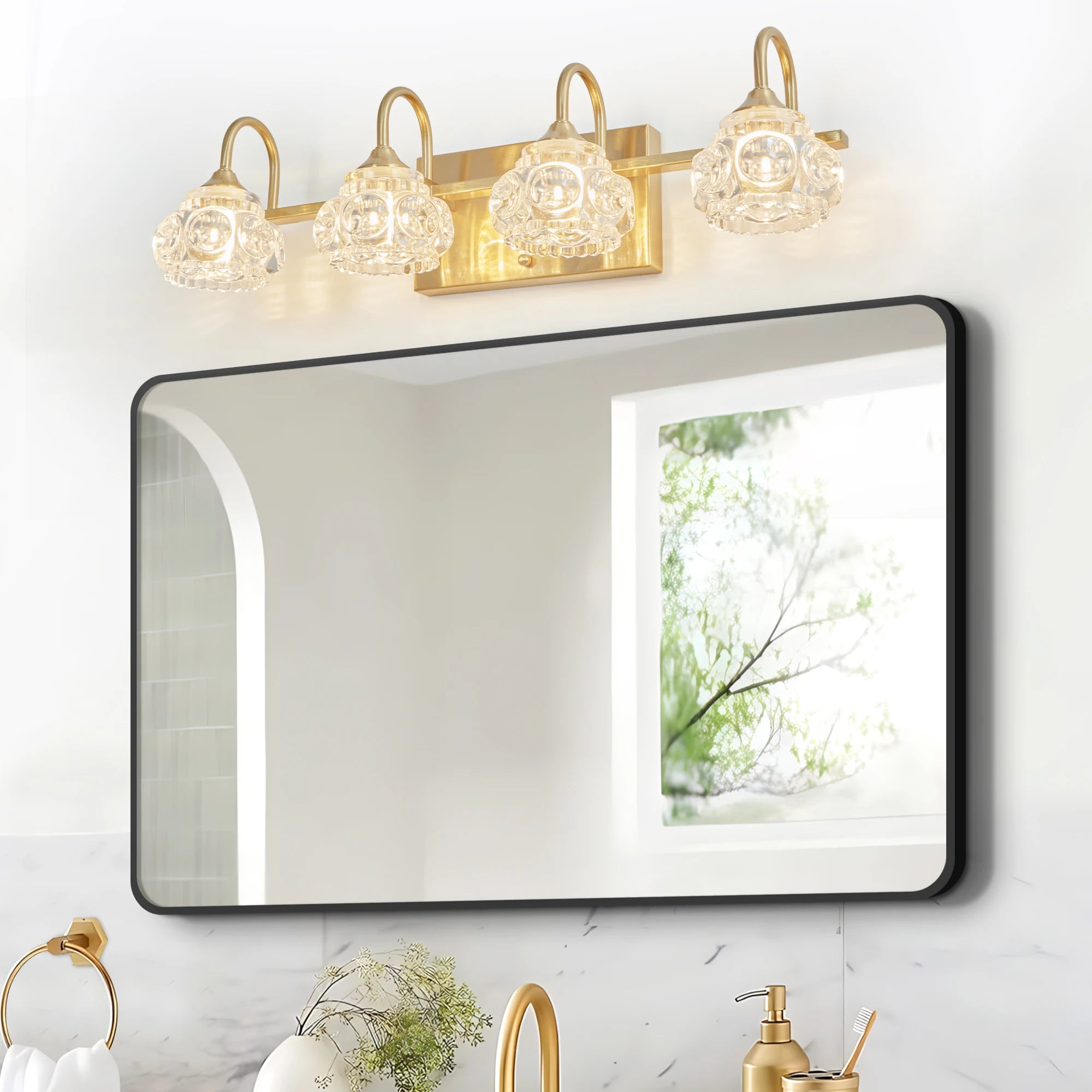 23" Modern Crystal Bathroom Vanity Light, 4-Light Golden Wall Sconce with Clear Glass Shade, Elegant Wall Mount Lighting