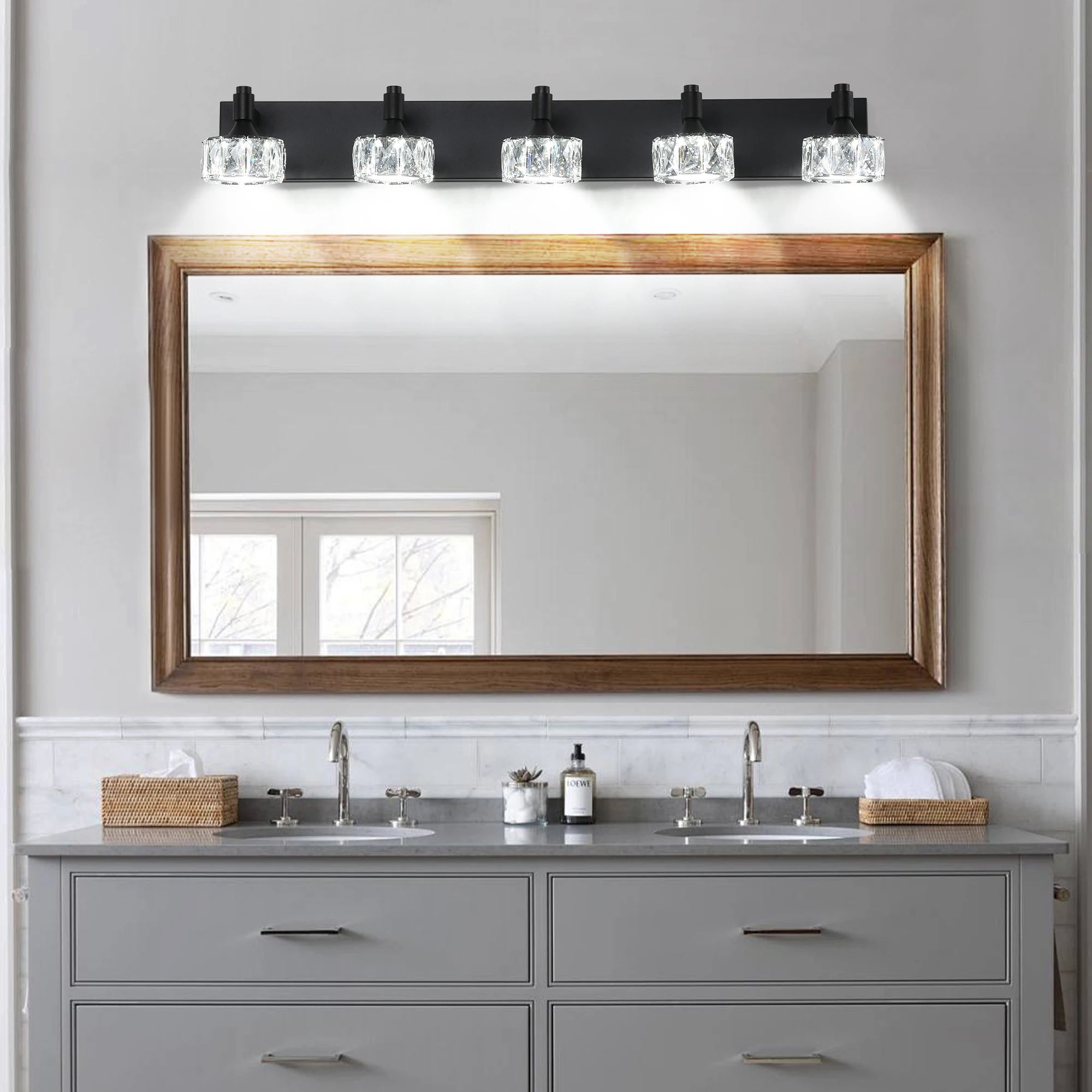 Modern 5-Light Matte Black LED Vanity Light Fixture with Crystal Glass Shades, Bathroom Wall Sconce for Contemporary Home Decor