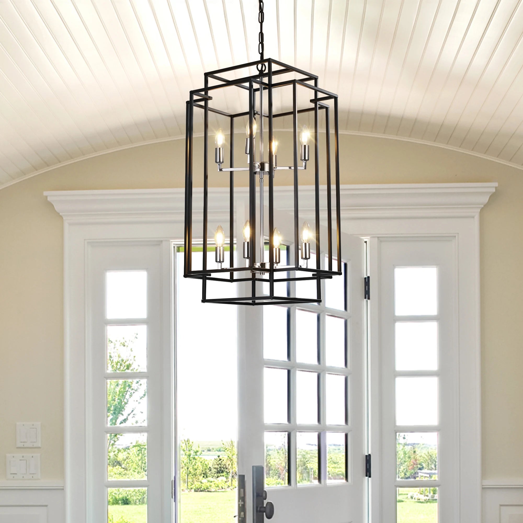 Ready in USA 18" Modern 8-Light Geometric Pendant Chandelier, Industrial Metal Frame, Adjustable Hanging Light (No Bulbs)