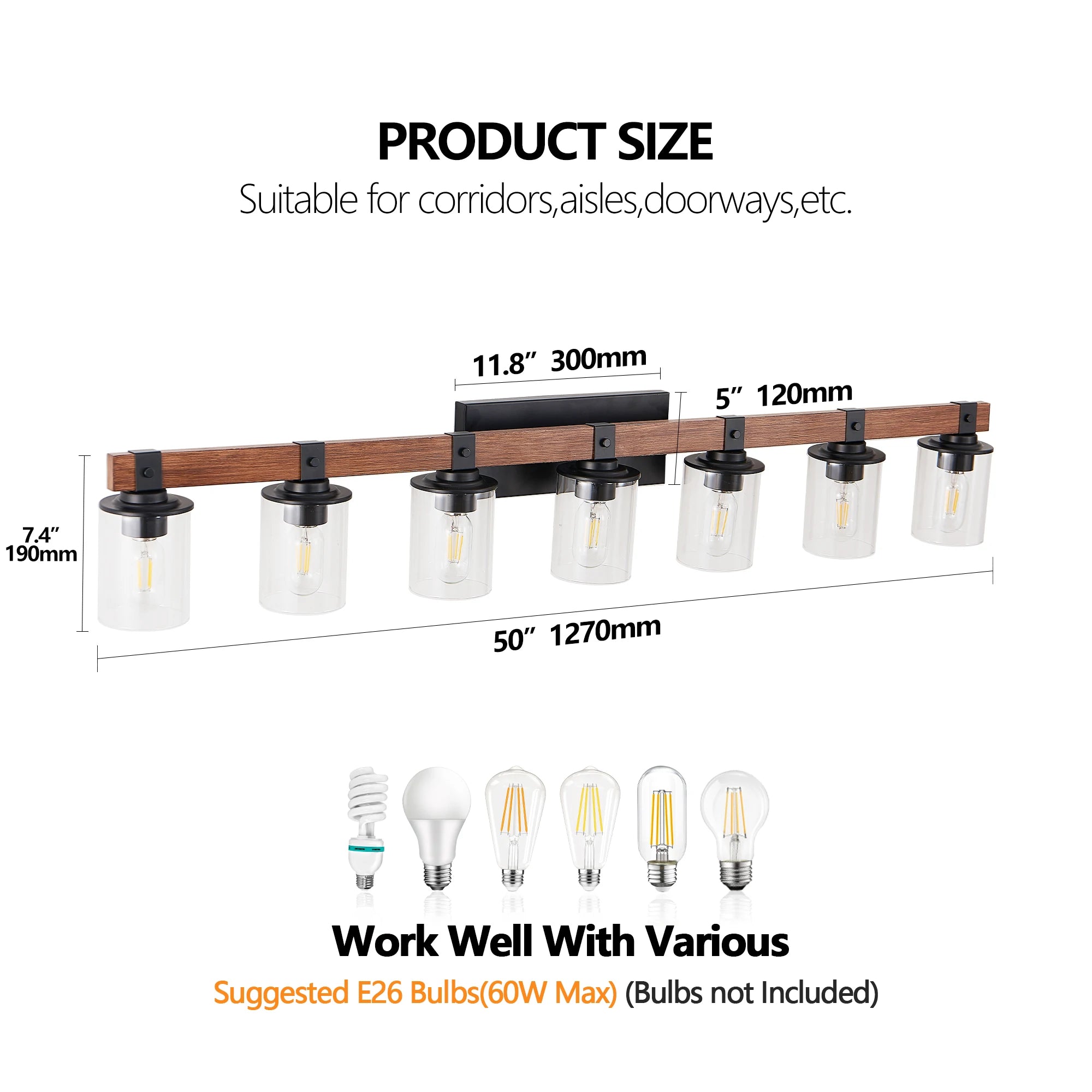 50" Rustic 7-Light Vanity Light, Wall Sconce with Glass Shades and Wood Accent, Modern Farmhouse Lighting Fixture (No Bulbs)