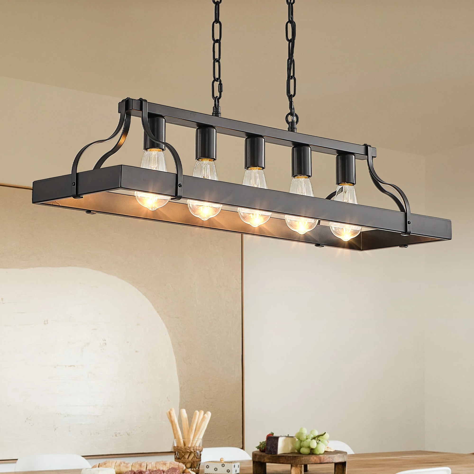34 Inch Black Gold Vintage Pendant Light,5 E26 Bulb Sockets,Adjustable Chain Height,Antique Style Chandelier (Bulb Not Included)
