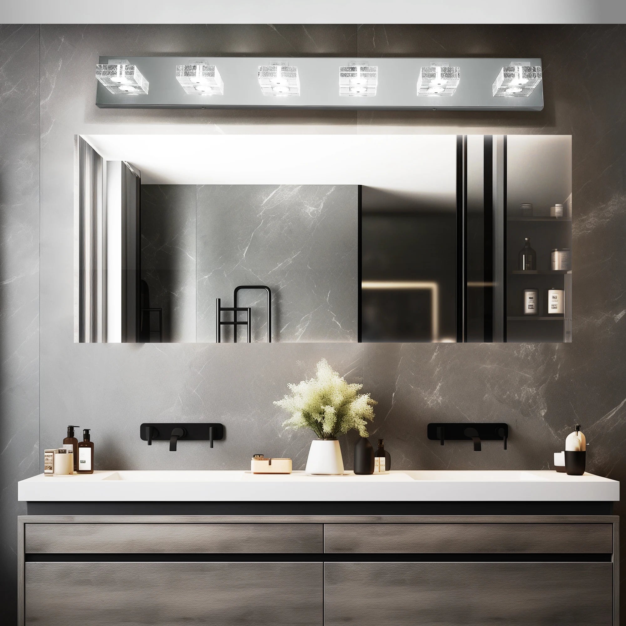 Ship in USA,38" Modern Chrome 6-Light LED Vanity Light,Square Acrylic Lampshades Wall Mount Fixture for Bathroom,Mirror Lighting