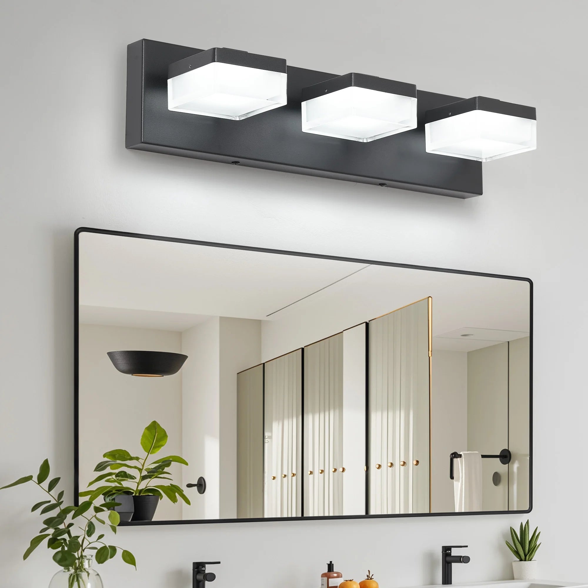 Ship From USA,Modern Led Vanity Light for Bathroom Transparent Acrylic Matt Black 3 Light Over Mirror Vanity Light