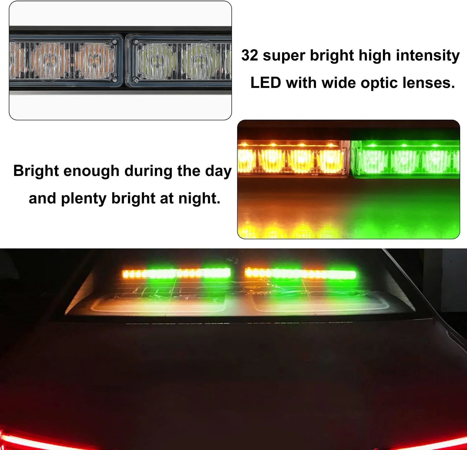 16.8-Inch Light Bar 32LED 26 Flash Patterns Emergency Flashing Traffic Advisor for Interior Safety New Condition Amber/Green