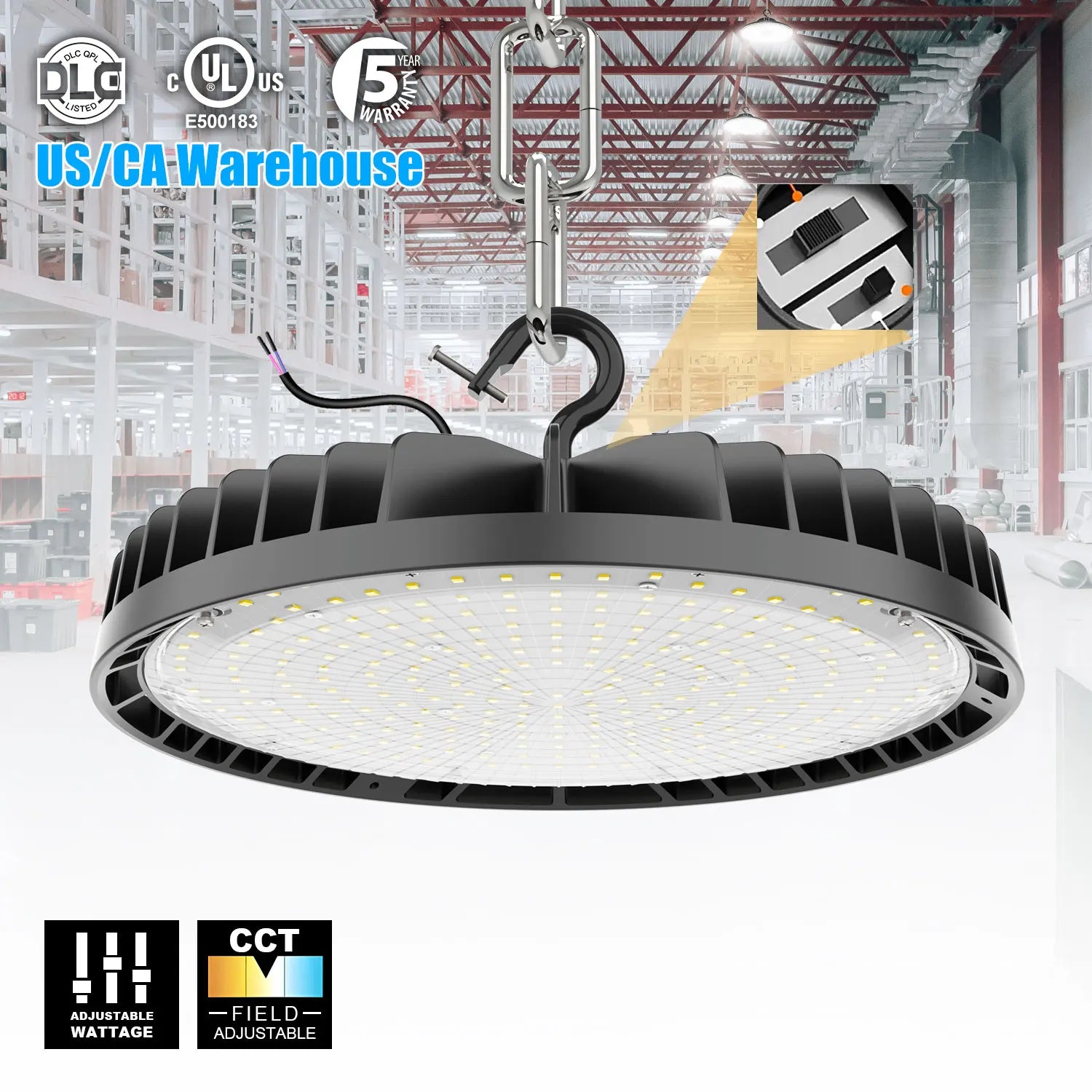 Warehouse Light 100W-320W UFO LED High Bay Light Industrial Warehouse Adjustable CCT IP65 Rating Delivery From USA