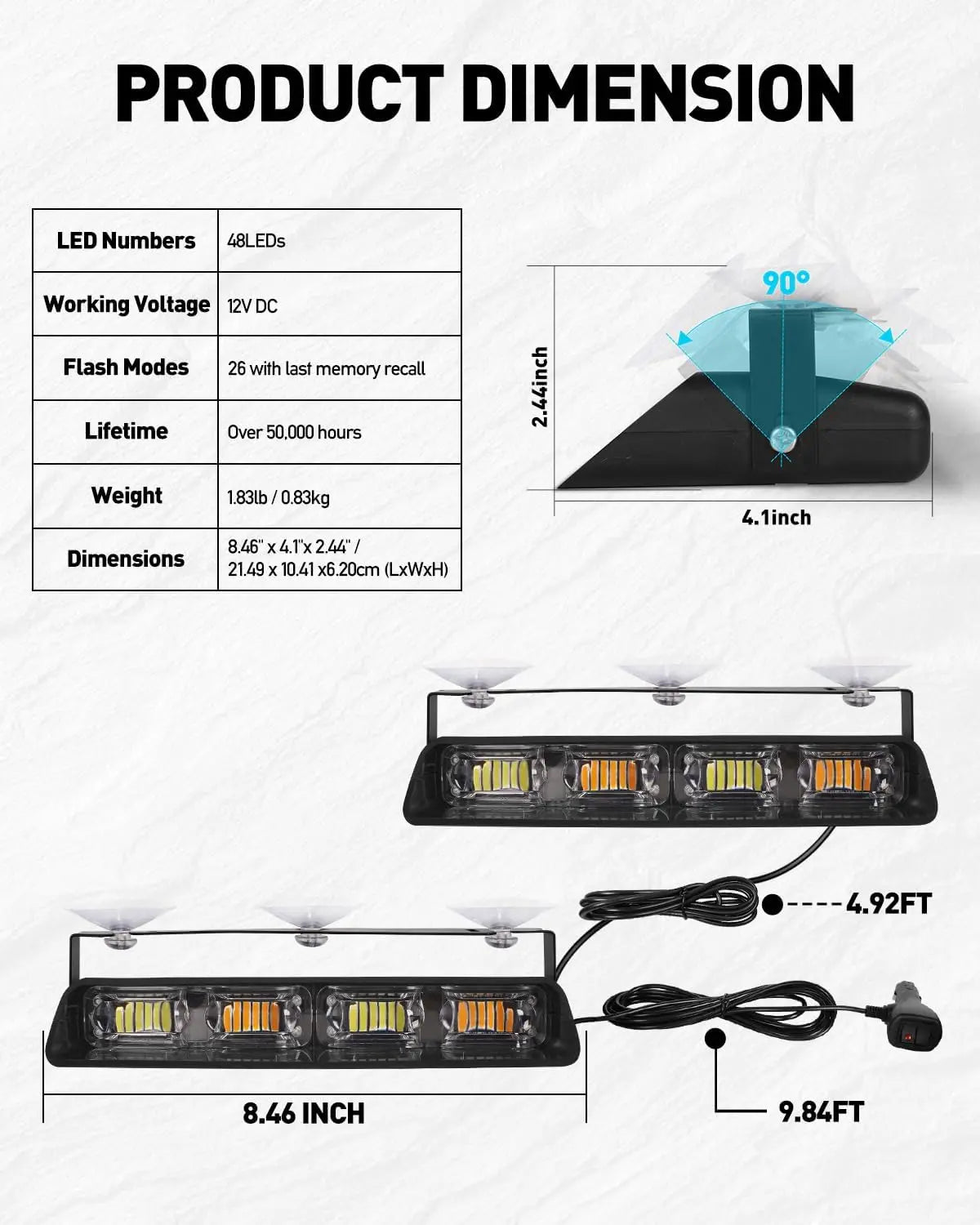 2x8.5 Inch 48LED Emergency Dash Strobe Lights Amber Safety Flashing Warning Lights for Trucks Construction Vehicles