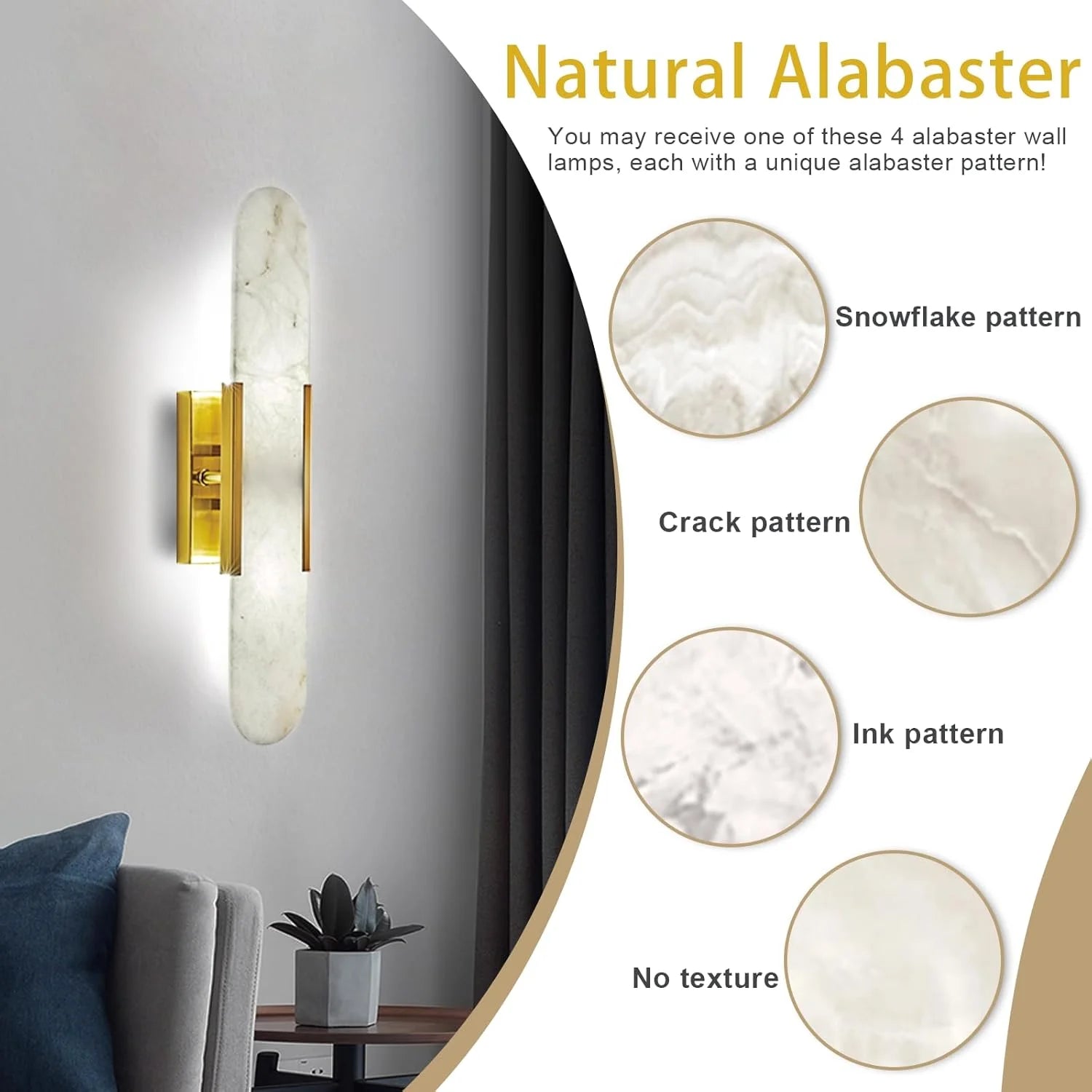 Alabaster Wall Sconce  Natural Marble Wall Light, Gold Modern Alabaster Sconces Wall Mount for Dining Room, Living Room