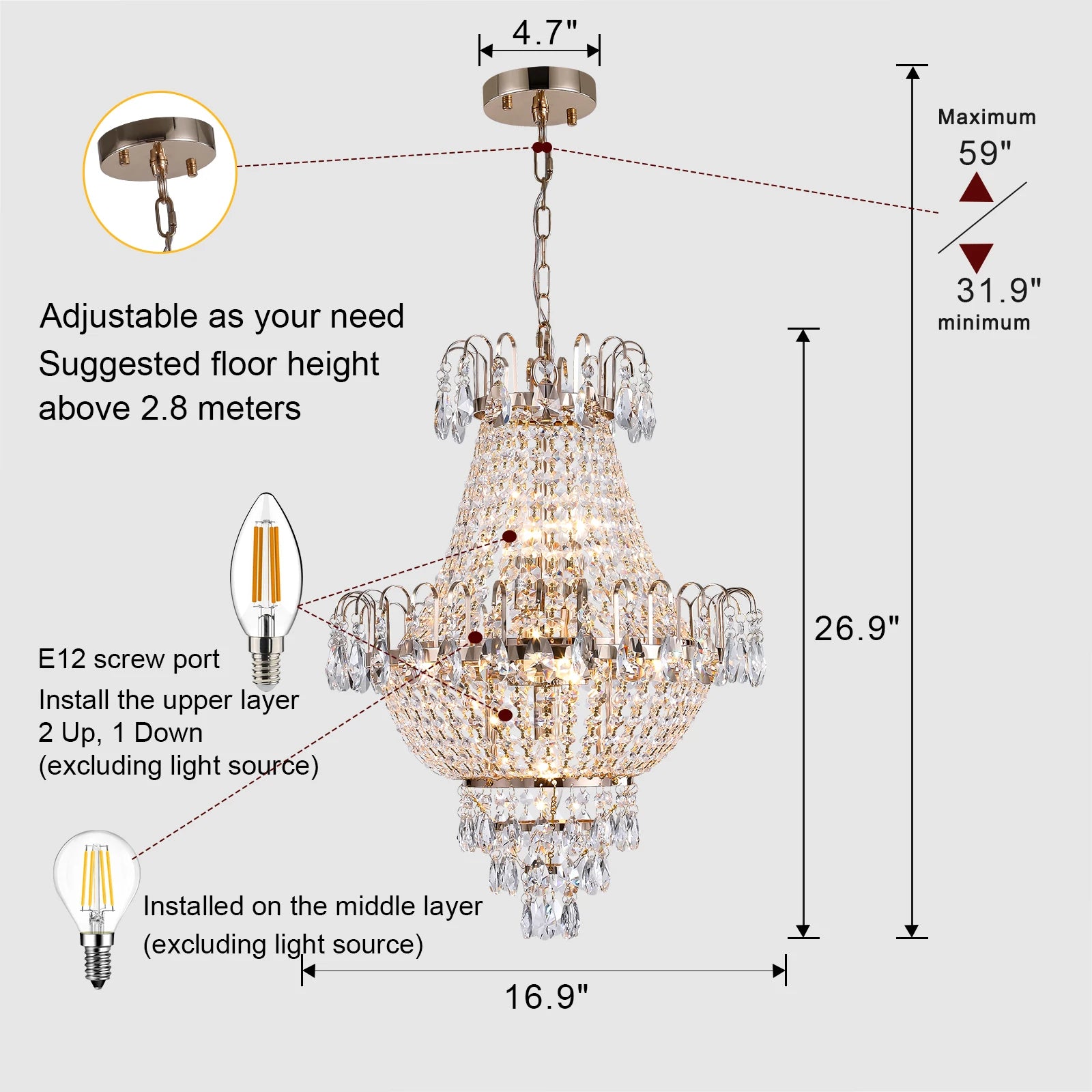 Ship From USA,Gold Crystal Chandeliers,Large Contemporary Luxury Ceiling Lighting for Living Room Dining Room Bedroom Hallway