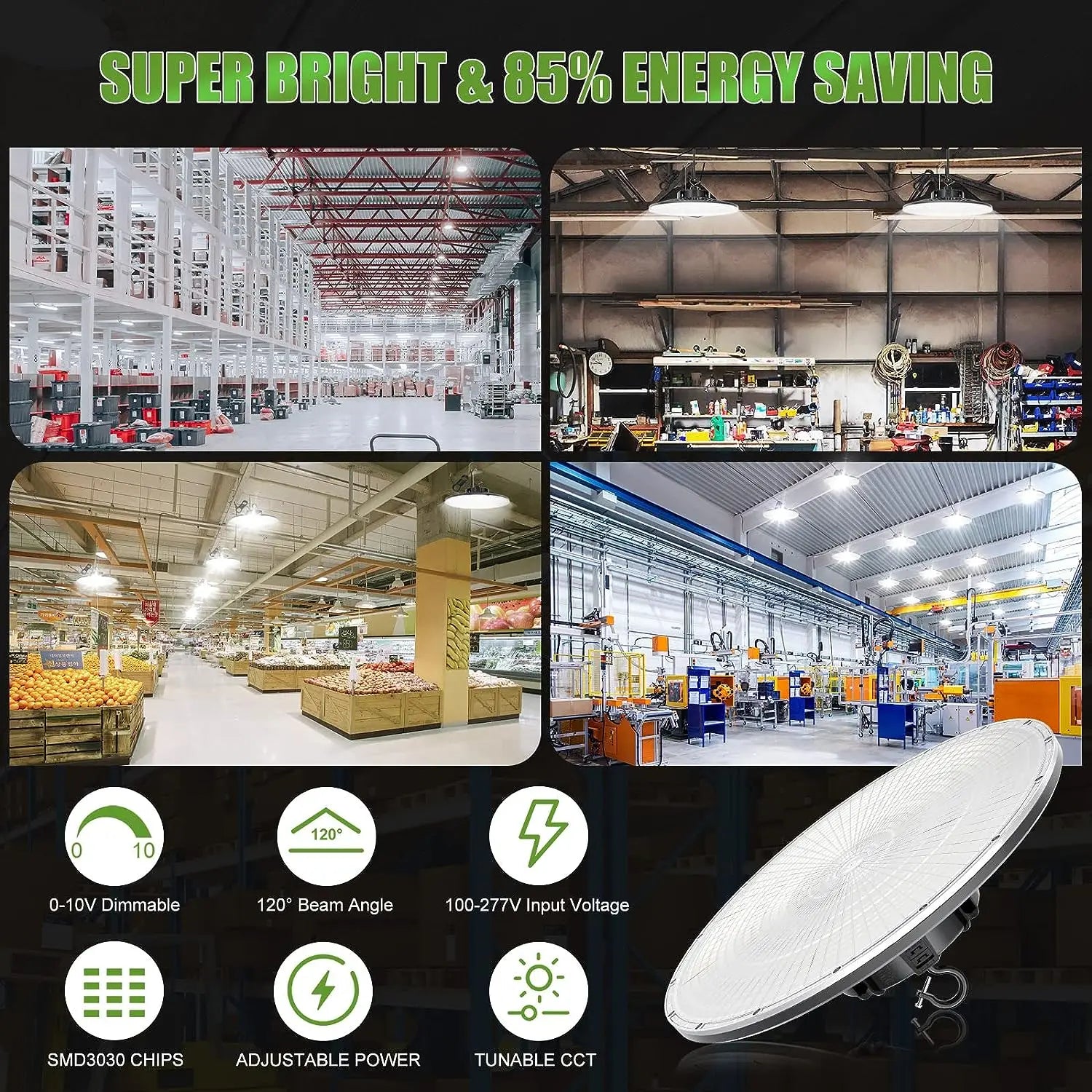 Led Light Fixture Industrial 3Power 200-480V 50 60Hz 170lm/w Die Cast Aluminum 50000hrs 100W LED UFO High Bay Light