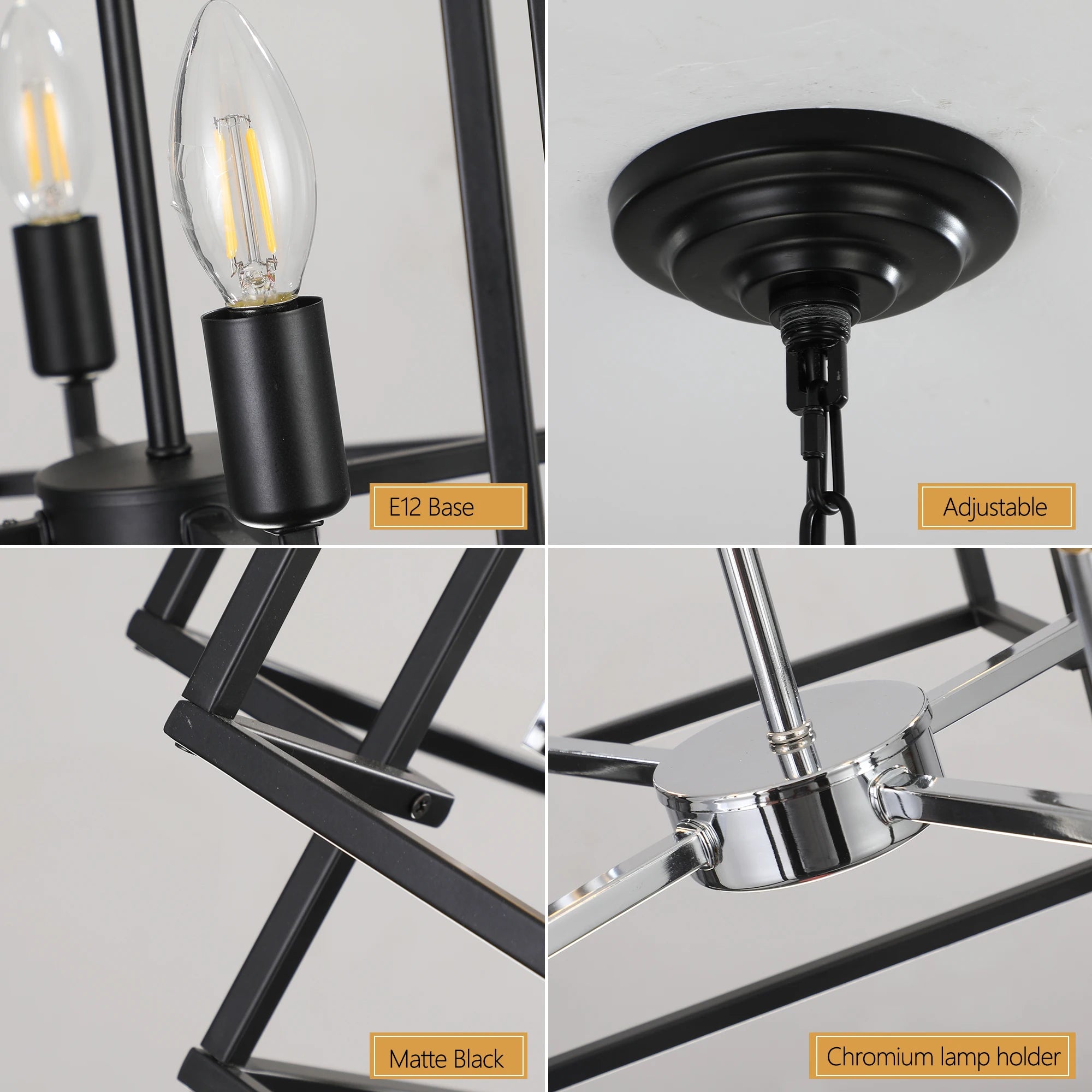 Ready in USA 18" Modern 8-Light Geometric Pendant Chandelier, Industrial Metal Frame, Adjustable Hanging Light (No Bulbs)