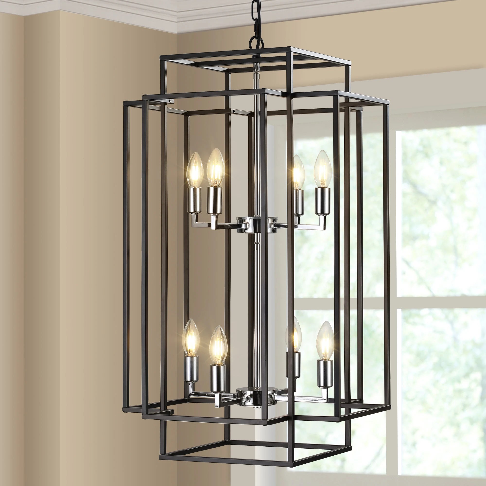 Ready in USA 18" Modern 8-Light Geometric Pendant Chandelier, Industrial Metal Frame, Adjustable Hanging Light (No Bulbs)