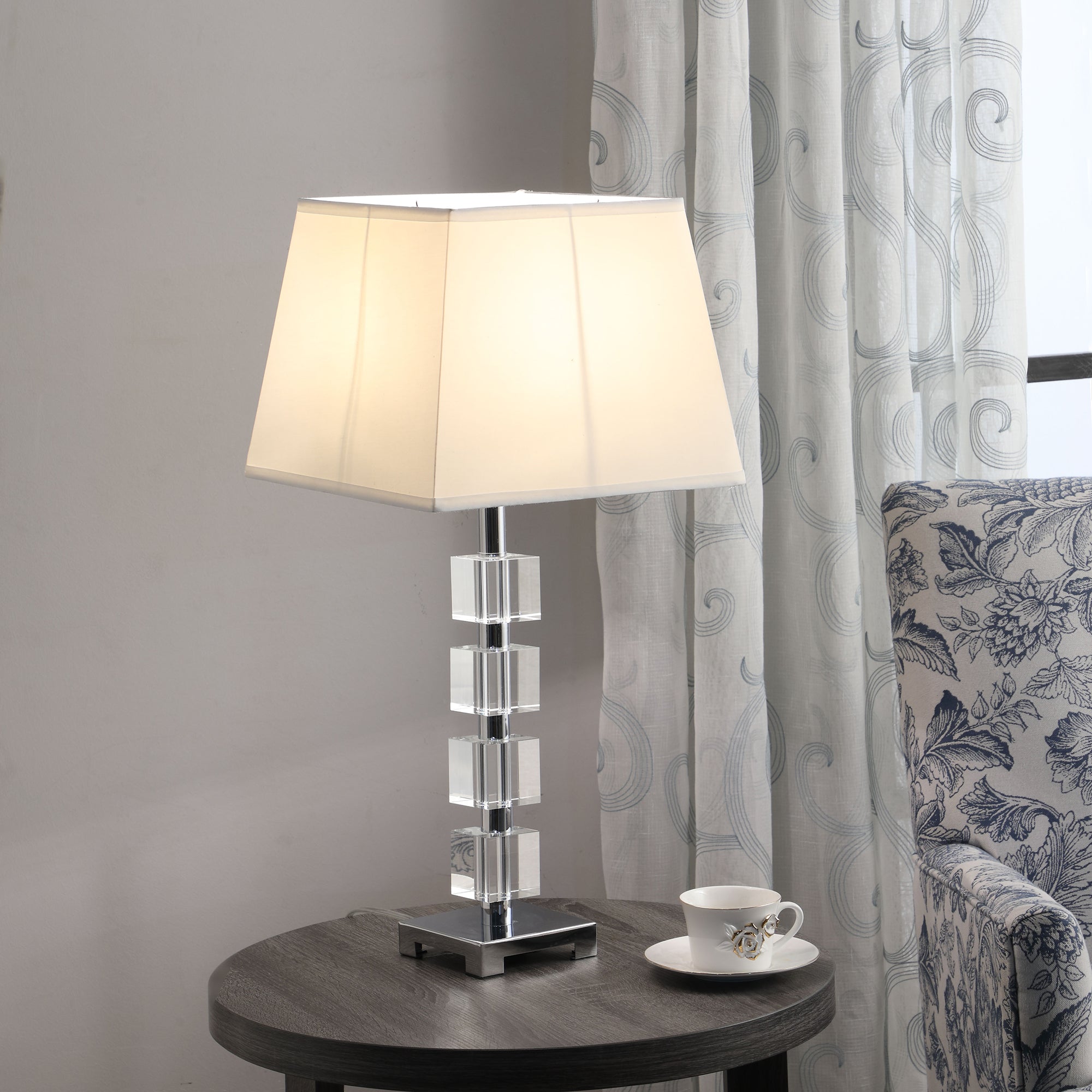 ORE International Glass Table Lamp 25in with White Linen Shade, Silver - Model HBL2119