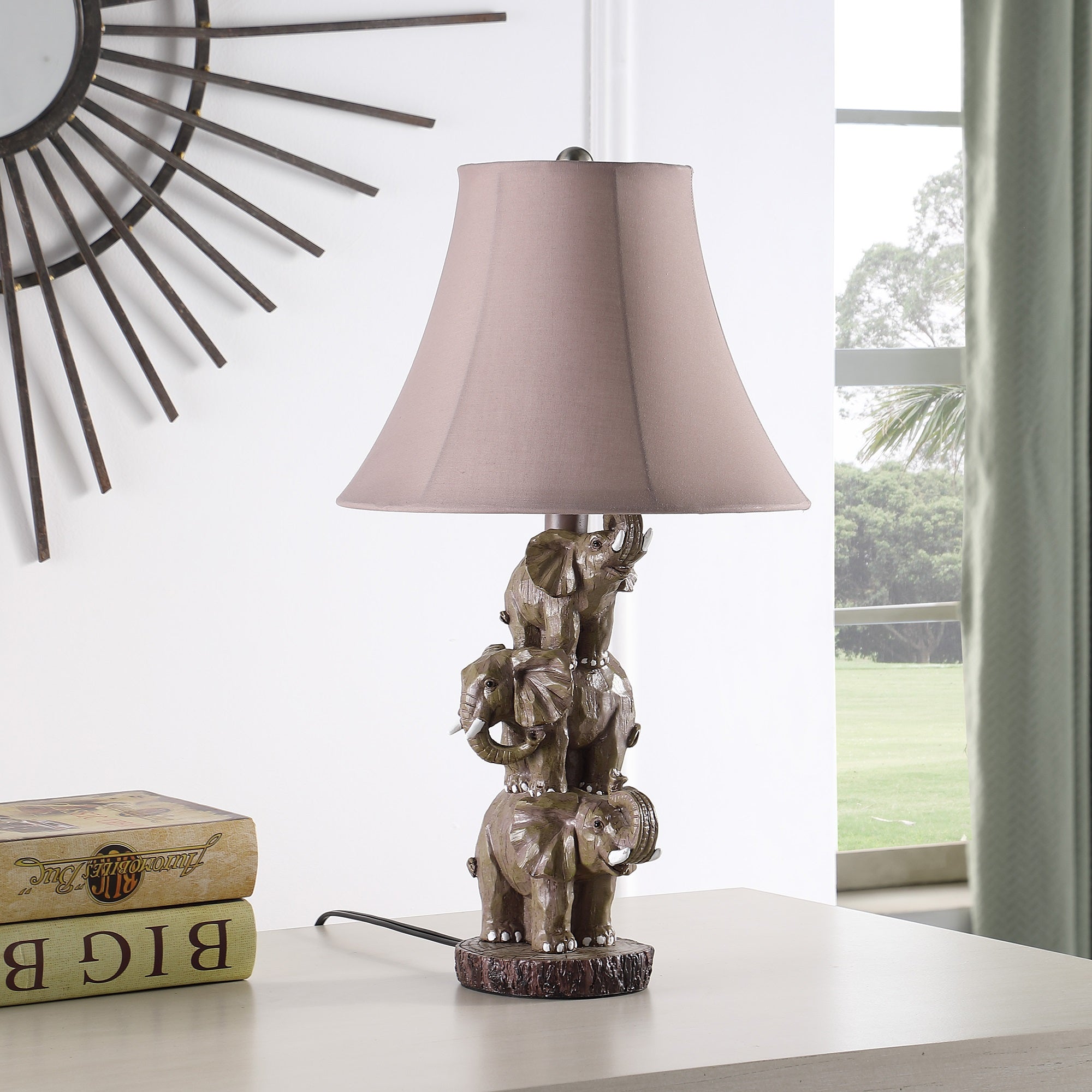ORE International 21in Wildlife Polyresin Table Lamp - 11.75inL x 11.75inW x 21inH - Brown, Grey, 3 Stacked Elephants Design