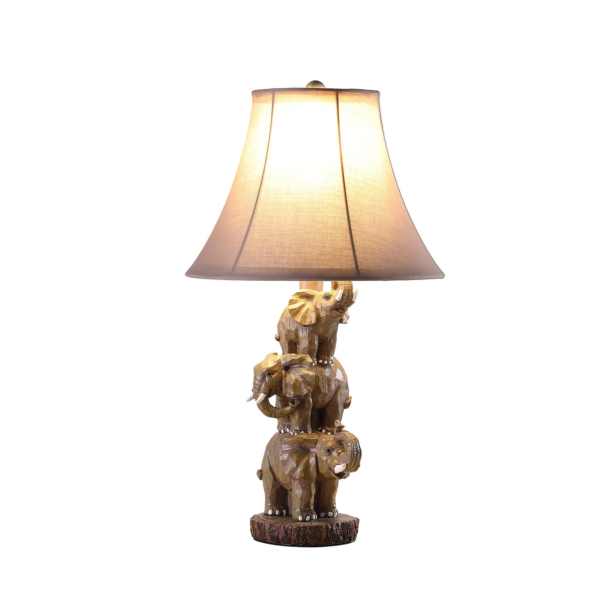 ORE International 21in Wildlife Polyresin Table Lamp - 11.75inL x 11.75inW x 21inH - Brown, Grey, 3 Stacked Elephants Design