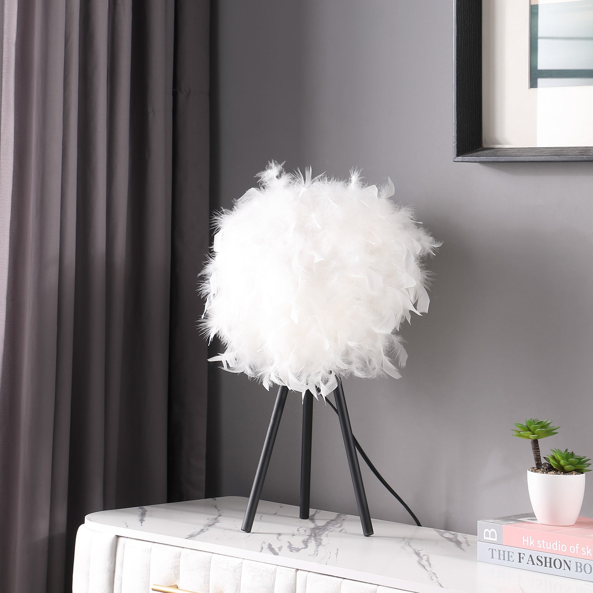 ORE International Tripod Table Lamp, 20.5in Height, Pure White Feather Shade, Model HBL2672, Modern Metal Design