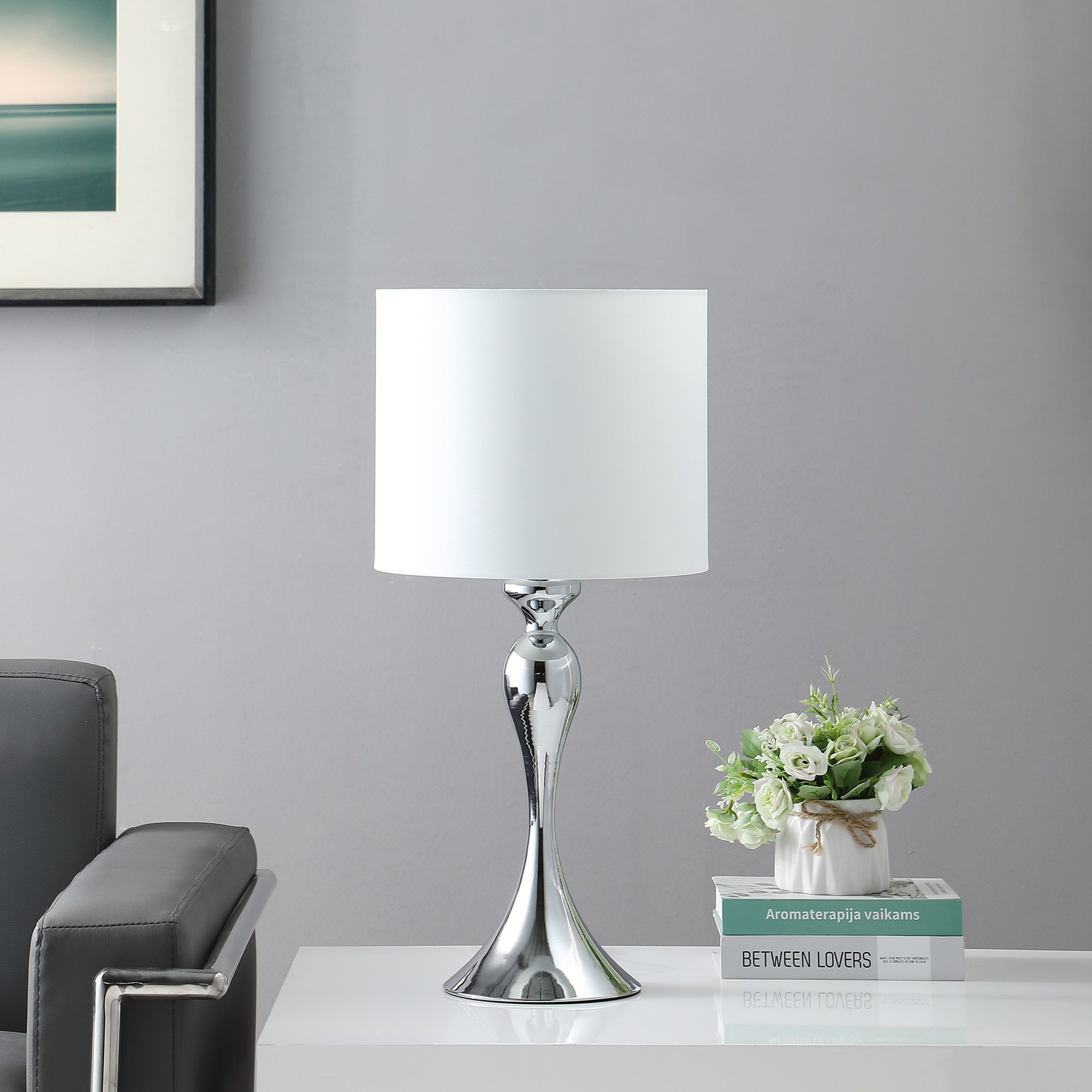 ORE International 24.5in Modern Candlestick Table Lamp, Dark Silver Chrome, Model HBL2682, 12inL x 12inW x 24.5inH