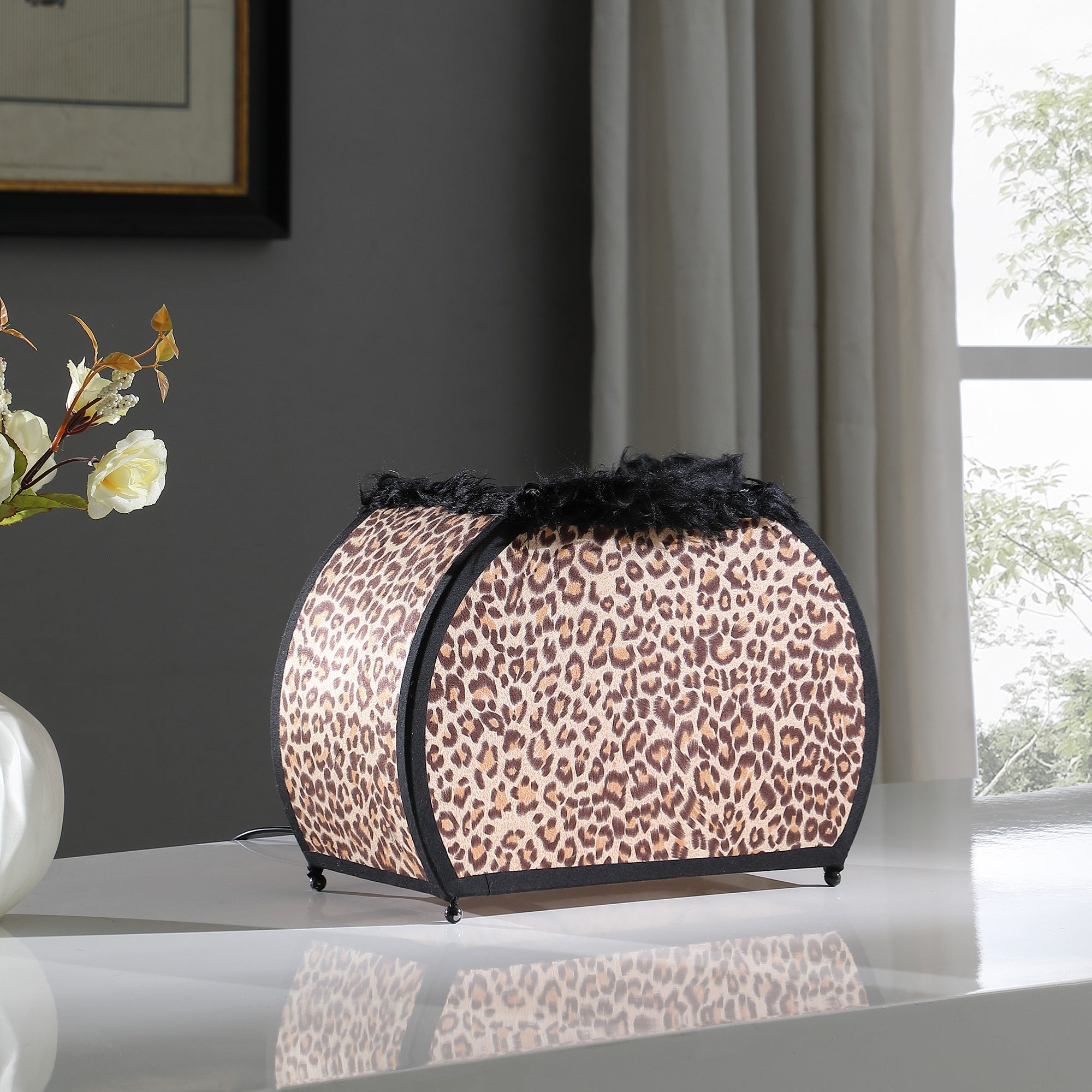 ORE International Table Lamp, Leopard Print, Black Faux Handle, 11.75in Height, Model HBL2722, 12inL x 5inW x 11.75inH