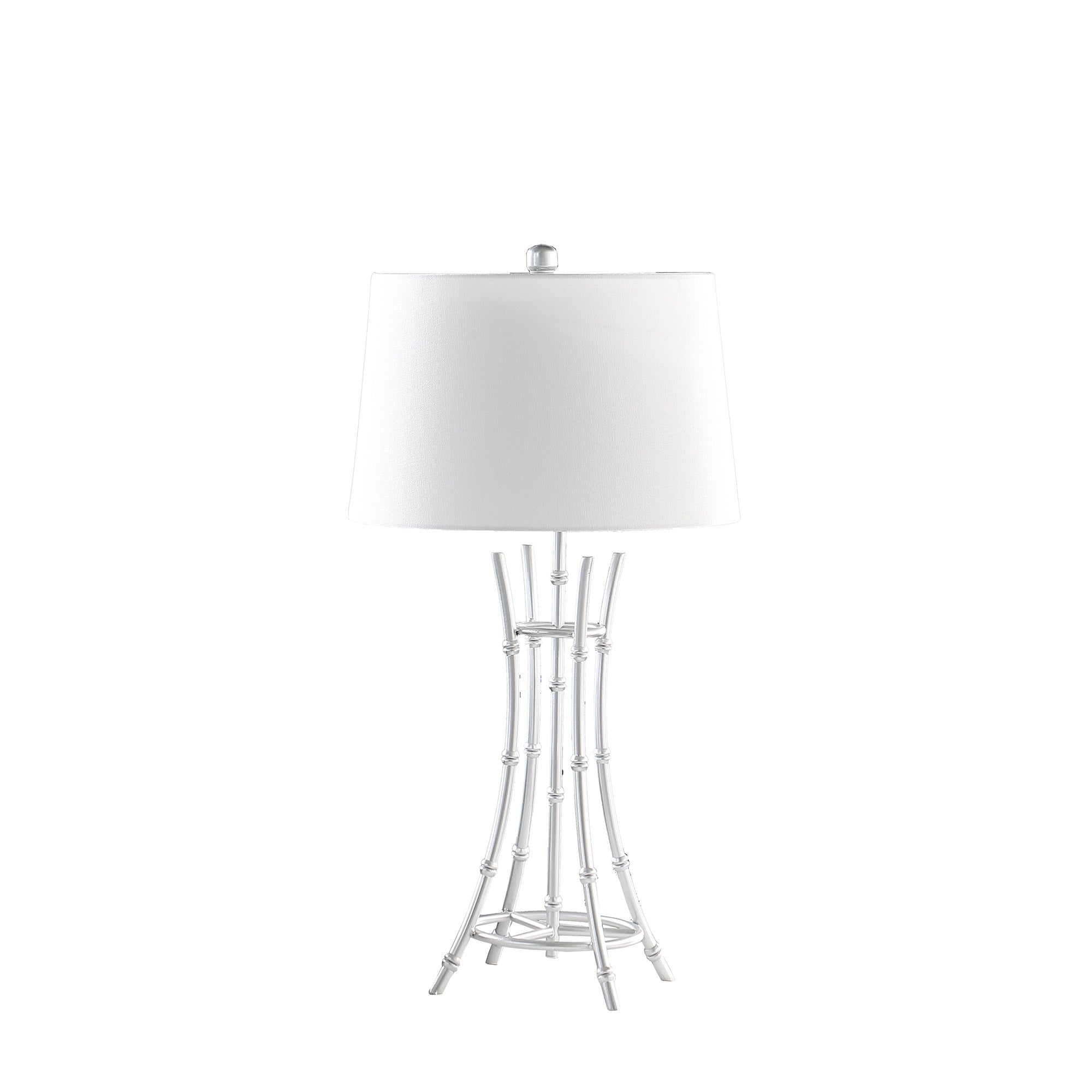 ORE International Modern Table Lamp, 29.25in Satin Silver Bamboo Design, 16inL x 16inW, Off White Shade
