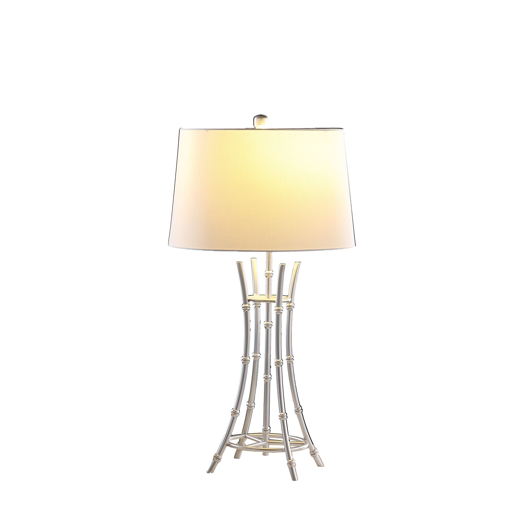 ORE International Modern Table Lamp, 29.25in Satin Silver Bamboo Design, 16inL x 16inW, Off White Shade