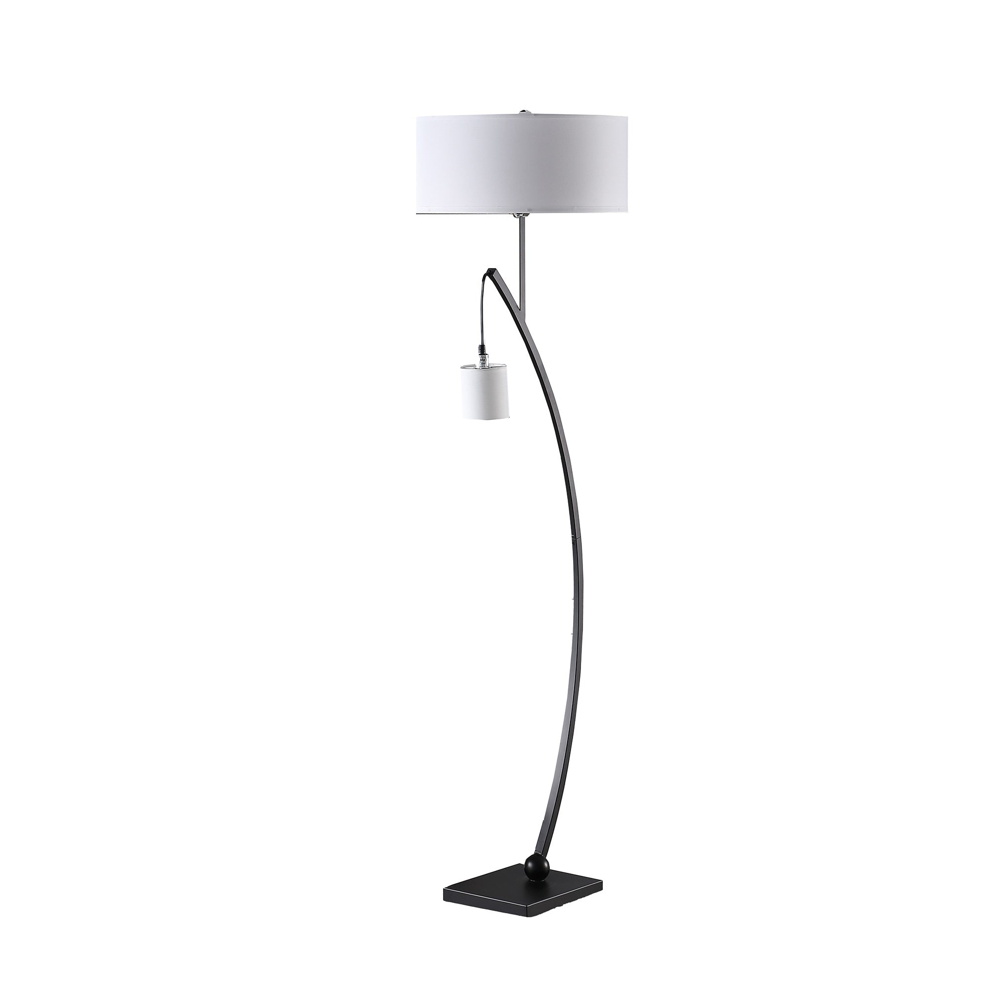 ORE International 59in Contemporary Dual Black Arc Floor Lamp with Hanging Pendulum, Matte Black, 17inL x 17inW x 59inH