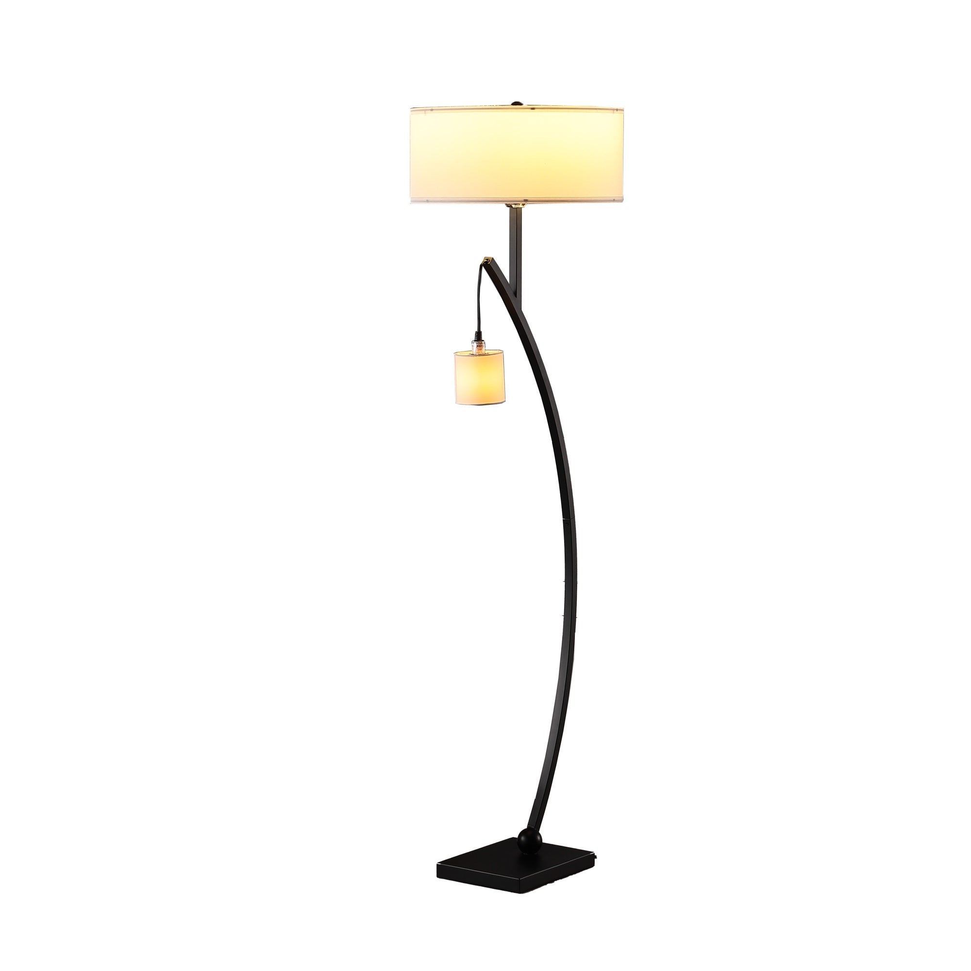 ORE International 59in Contemporary Dual Black Arc Floor Lamp with Hanging Pendulum, Matte Black, 17inL x 17inW x 59inH