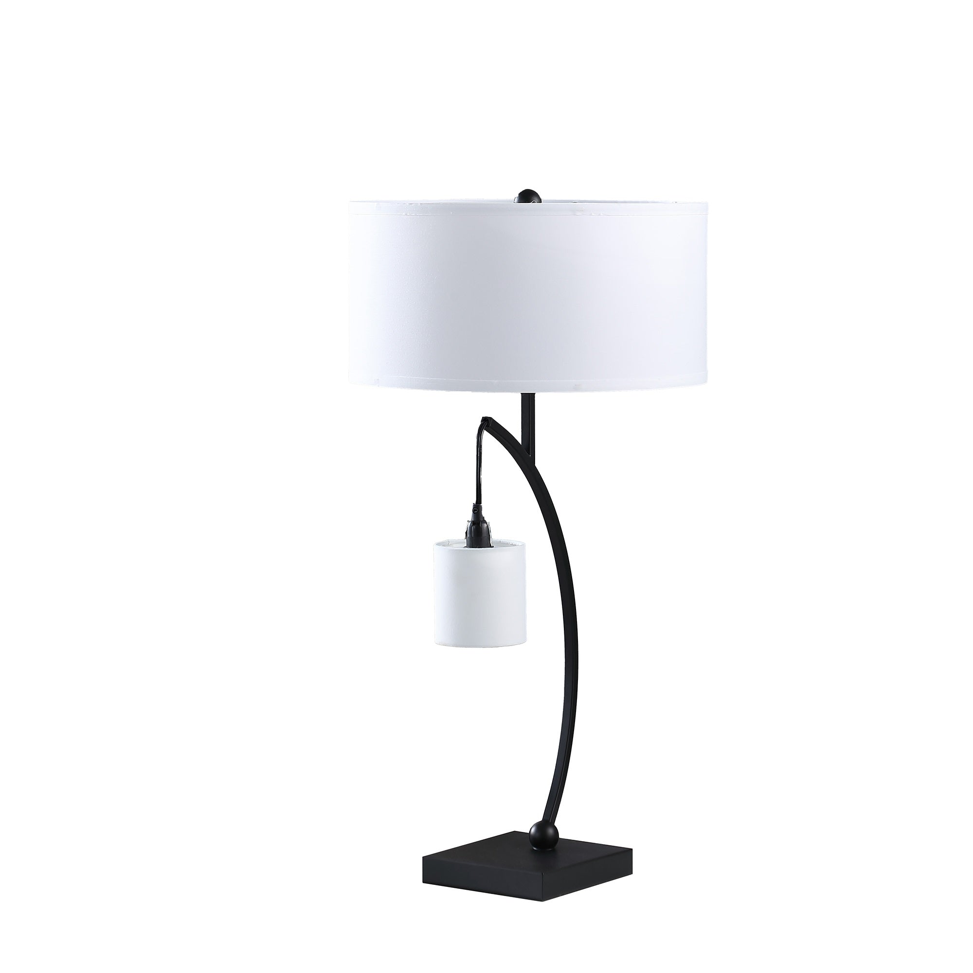 ORE International 28.5in Contemporary Dual Black Arc Table Lamp, Matte Black, Model HBL2765, 15inL x 15inW x 28.5inH