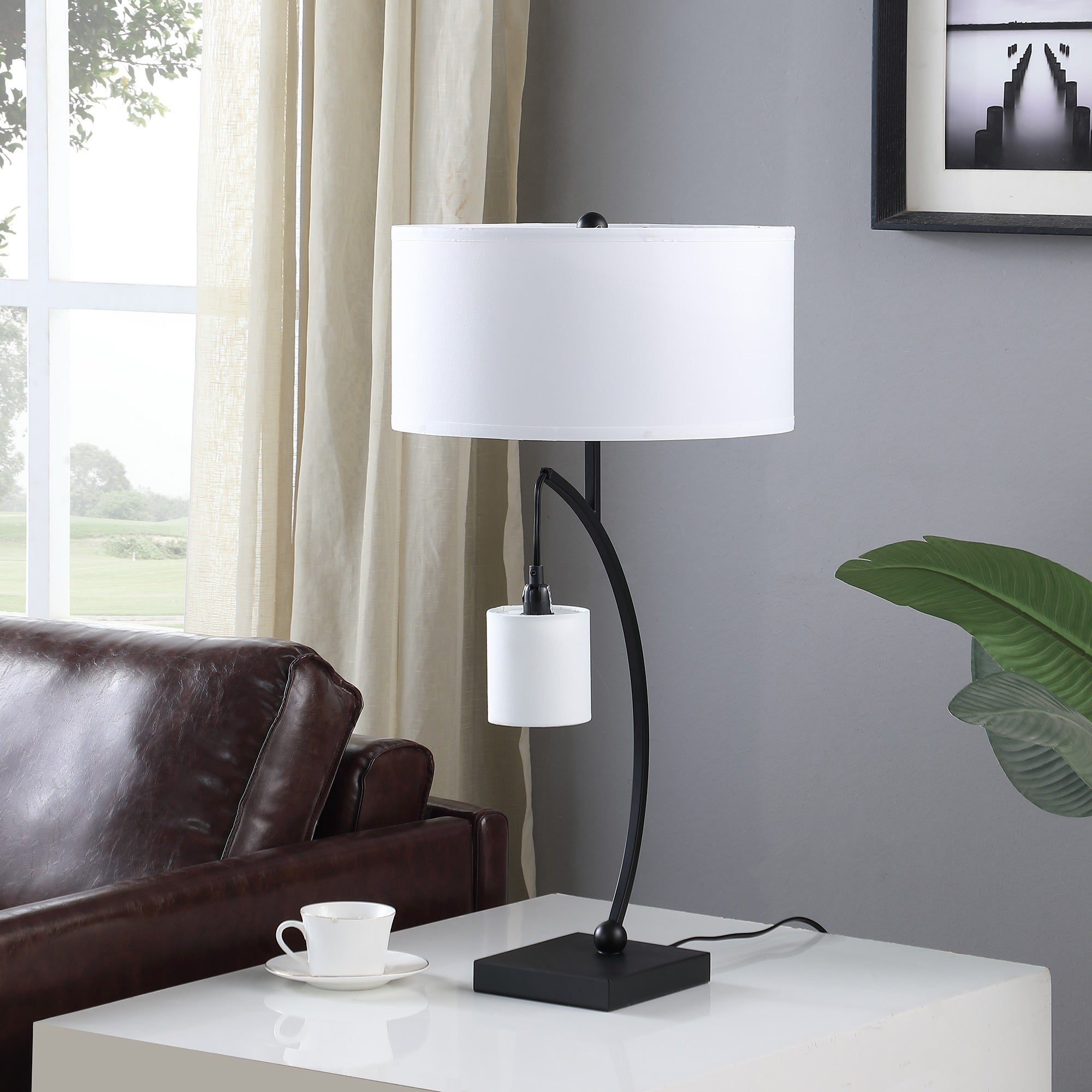 ORE International 28.5in Contemporary Dual Black Arc Table Lamp, Matte Black, Model HBL2765, 15inL x 15inW x 28.5inH
