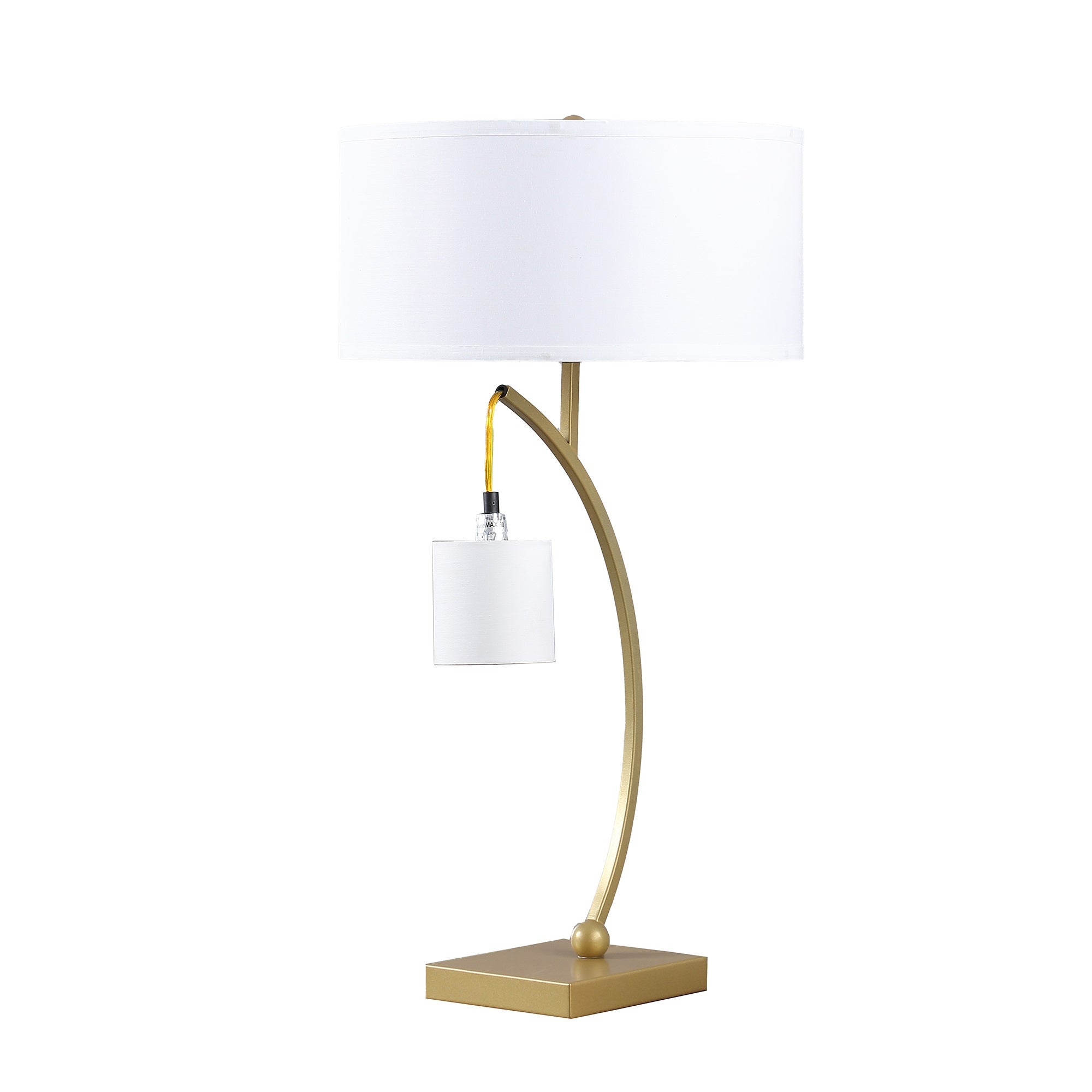 ORE International Dual Gold Arc Table Lamp with Hanging Pendulum, 28.5in Tall, Matte Gold, Model HBL2773, 15inL x 15inW