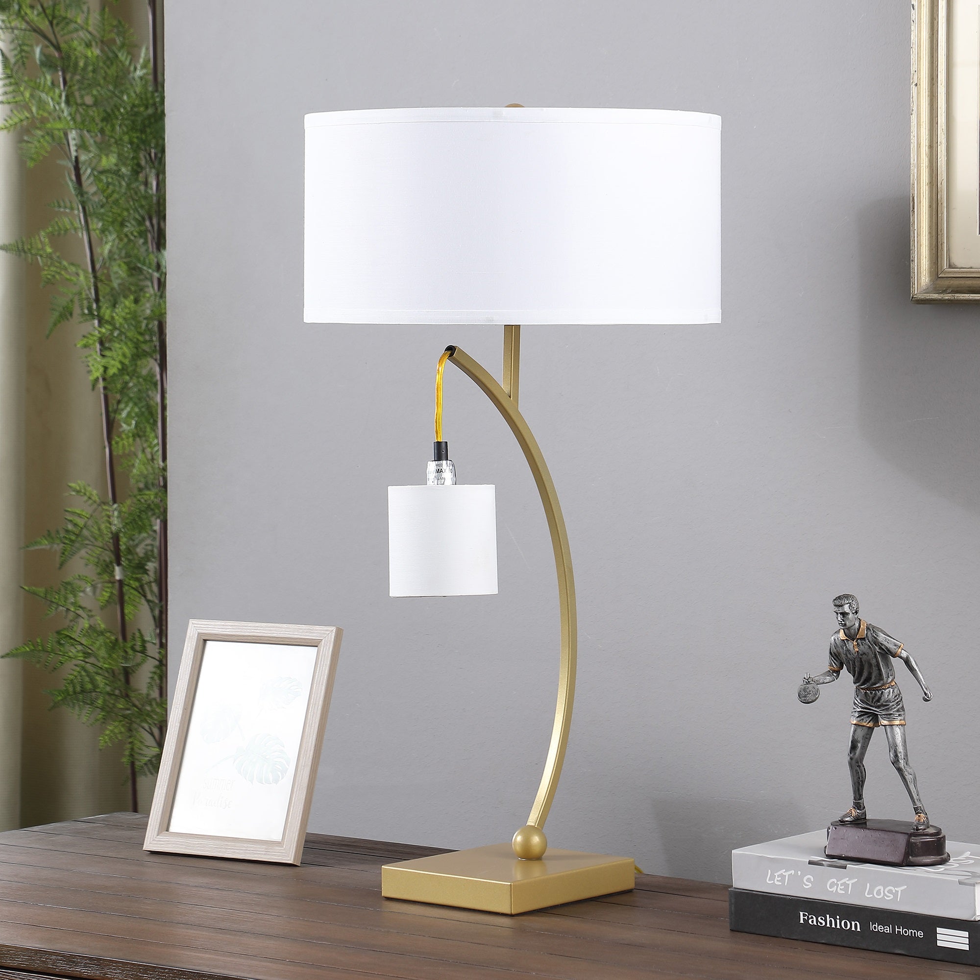 ORE International Dual Gold Arc Table Lamp with Hanging Pendulum, 28.5in Tall, Matte Gold, Model HBL2773, 15inL x 15inW