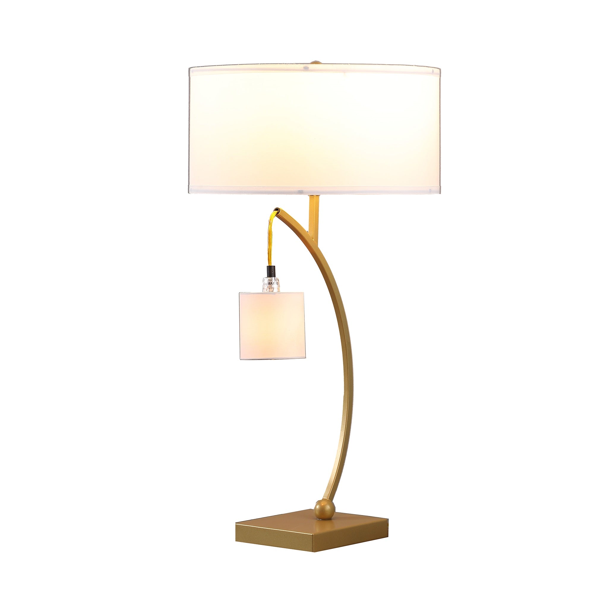 ORE International Dual Gold Arc Table Lamp with Hanging Pendulum, 28.5in Tall, Matte Gold, Model HBL2773, 15inL x 15inW