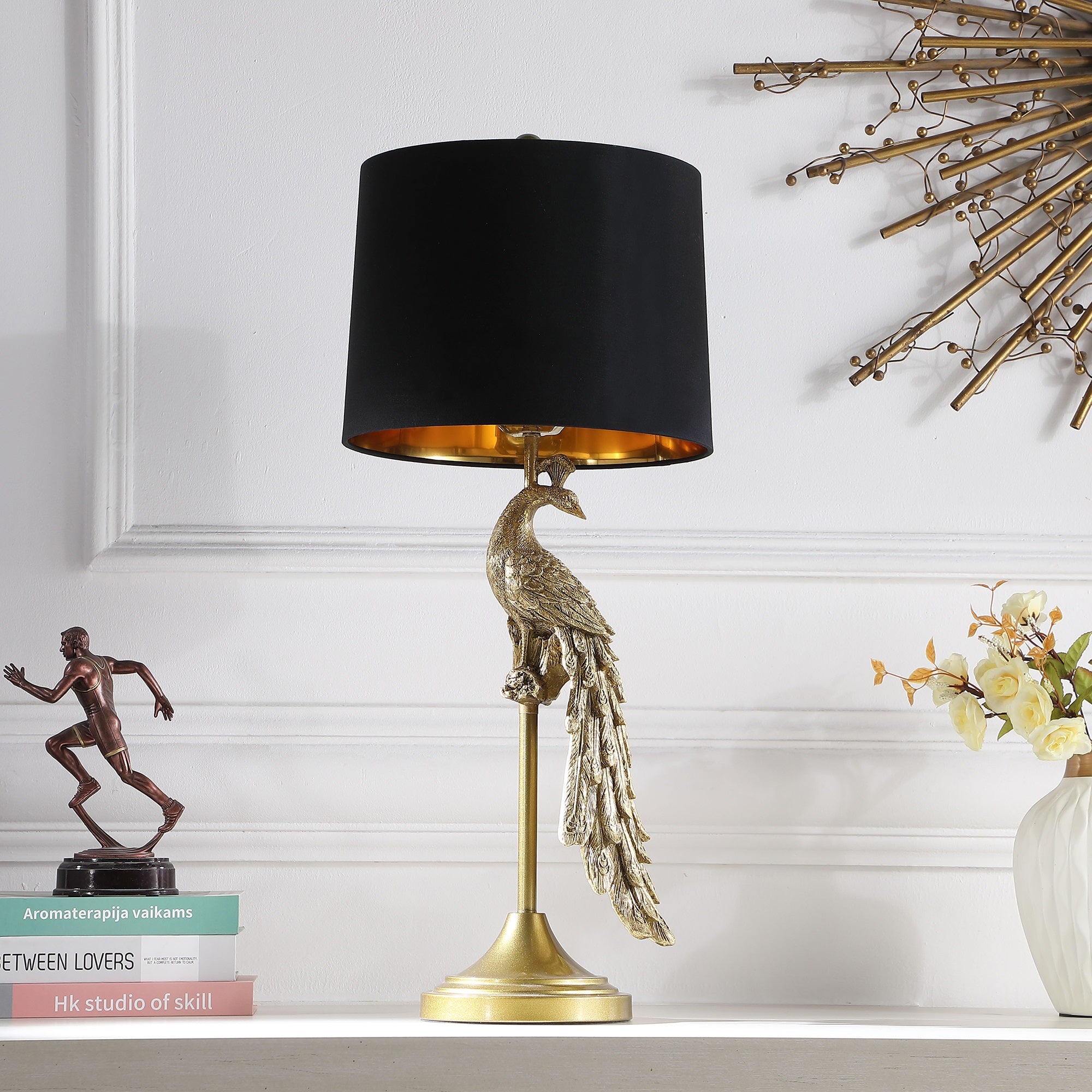 ORE International 29" Golden Peacock Pedestal Table Lamp, Modern Elegance, 12"L x 12"W, Model HBL2847