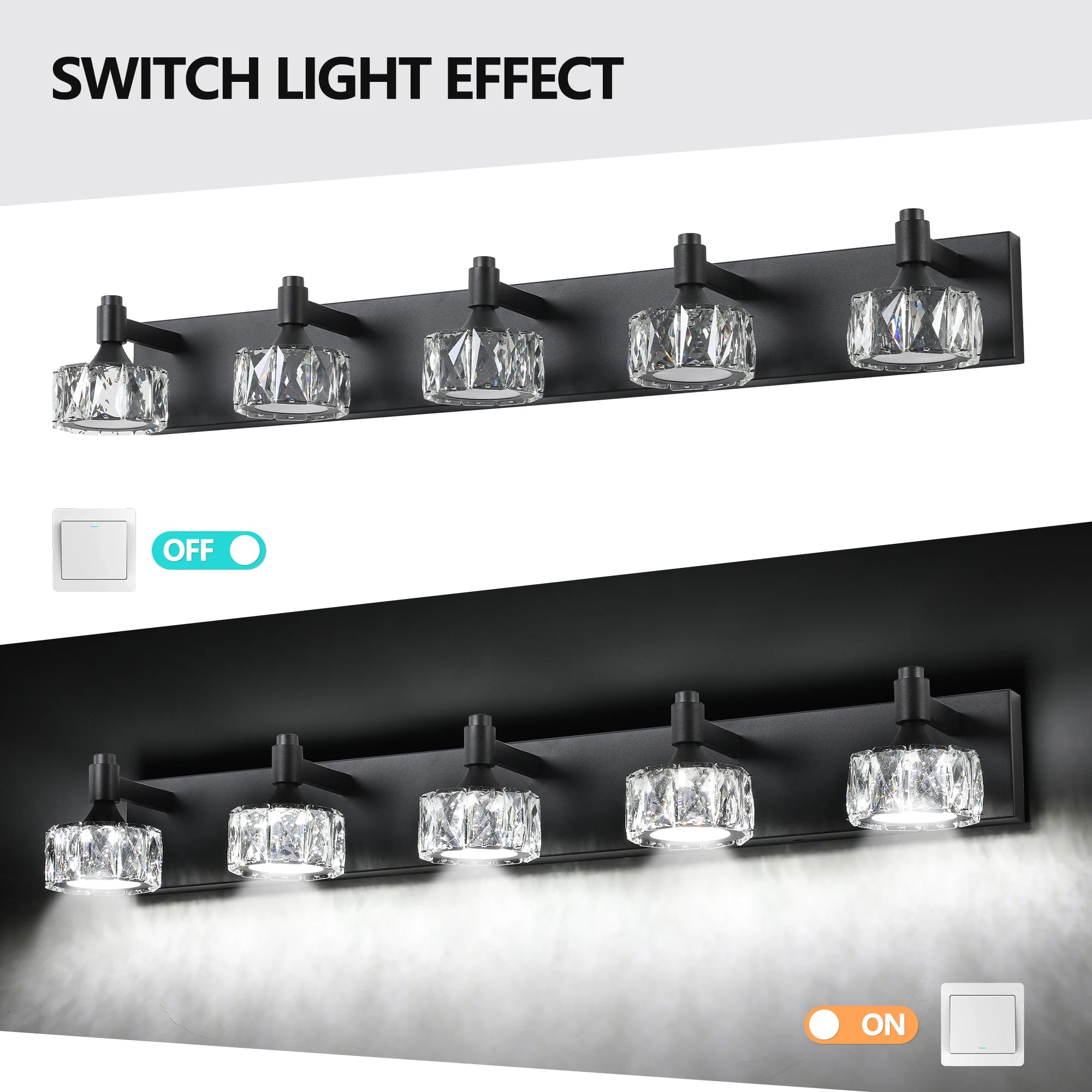 Modern 5-Light Matte Black LED Vanity Light Fixture with Crystal Glass Shades, Bathroom Wall Sconce for Contemporary Home Decor