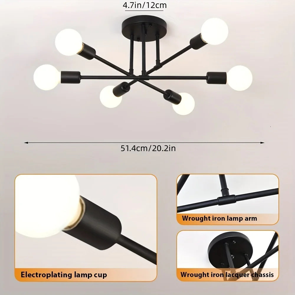 Minimalist LED Ceiling Light 6-heads Chandelier Gold Finish Shadeless E26 Base Indoor Decor Lighting for Living Room Hallway