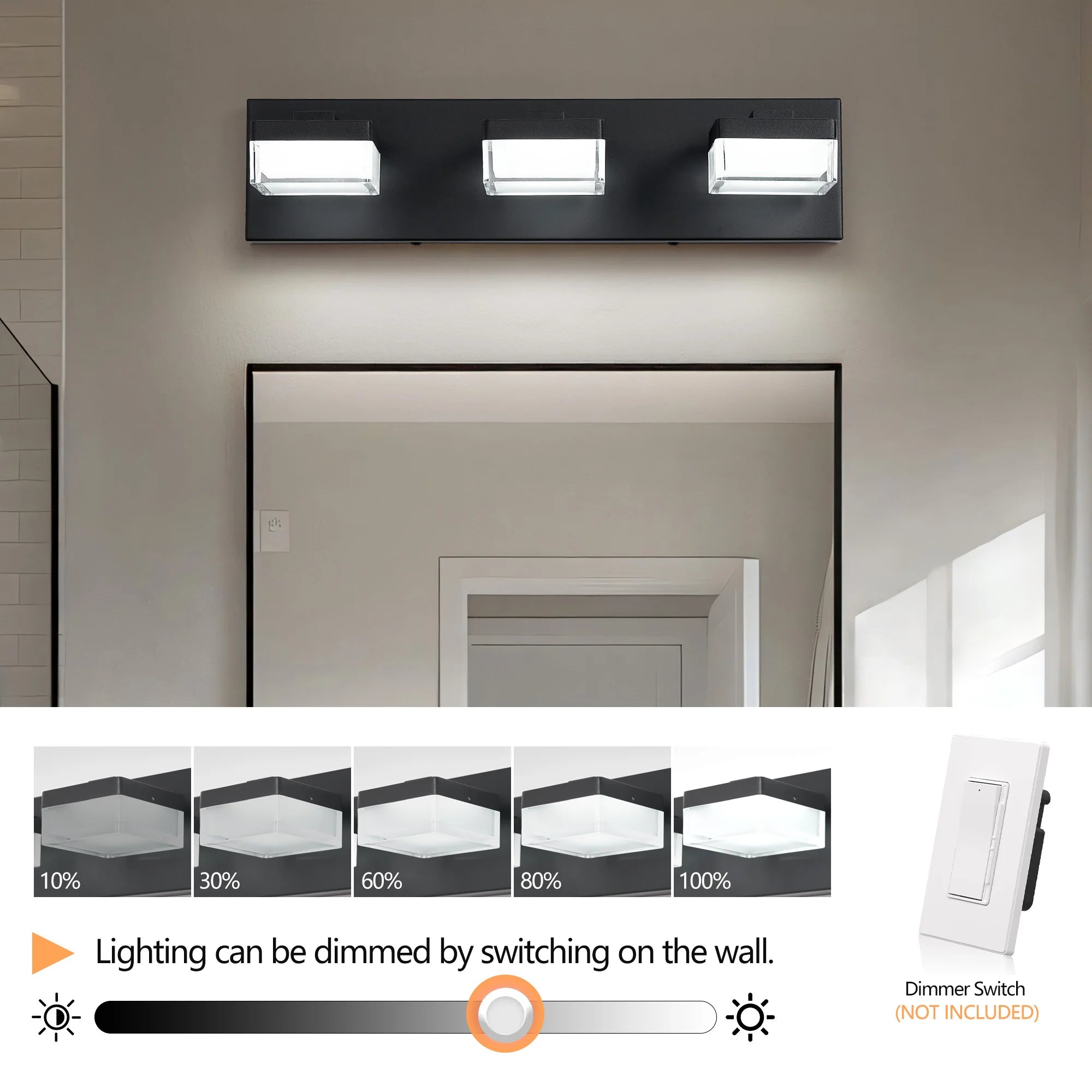 Ship From USA,Modern Led Vanity Light for Bathroom Transparent Acrylic Matt Black 3 Light Over Mirror Vanity Light
