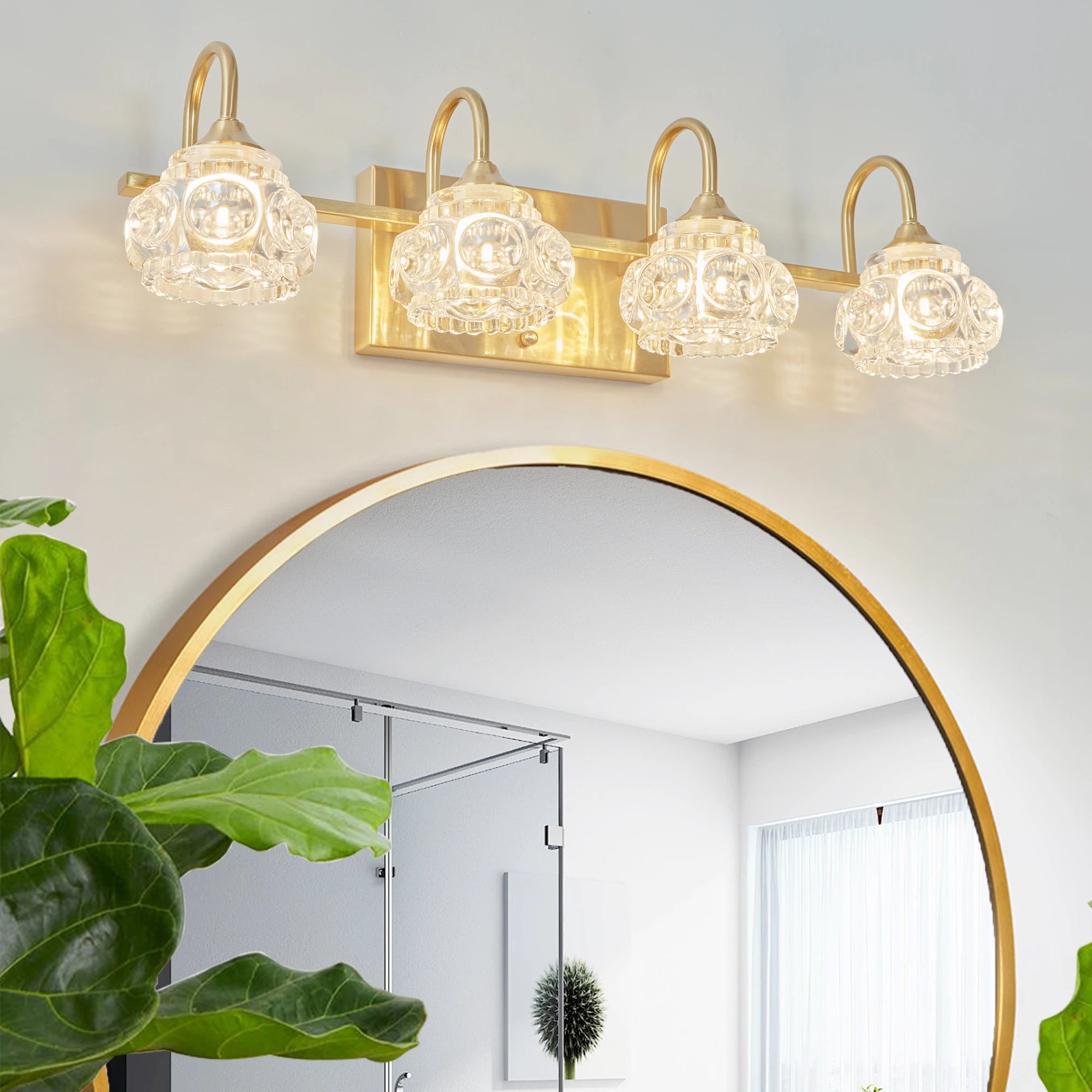 23" Modern Crystal Bathroom Vanity Light, 4-Light Golden Wall Sconce with Clear Glass Shade, Elegant Wall Mount Lighting