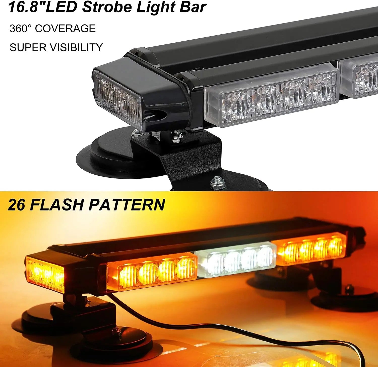 16.8 Inch LED Light Bar High Intensity Emergency Hazard Warning Beacon Lights 26 Flashing Modes Magnetic Base for Car-New