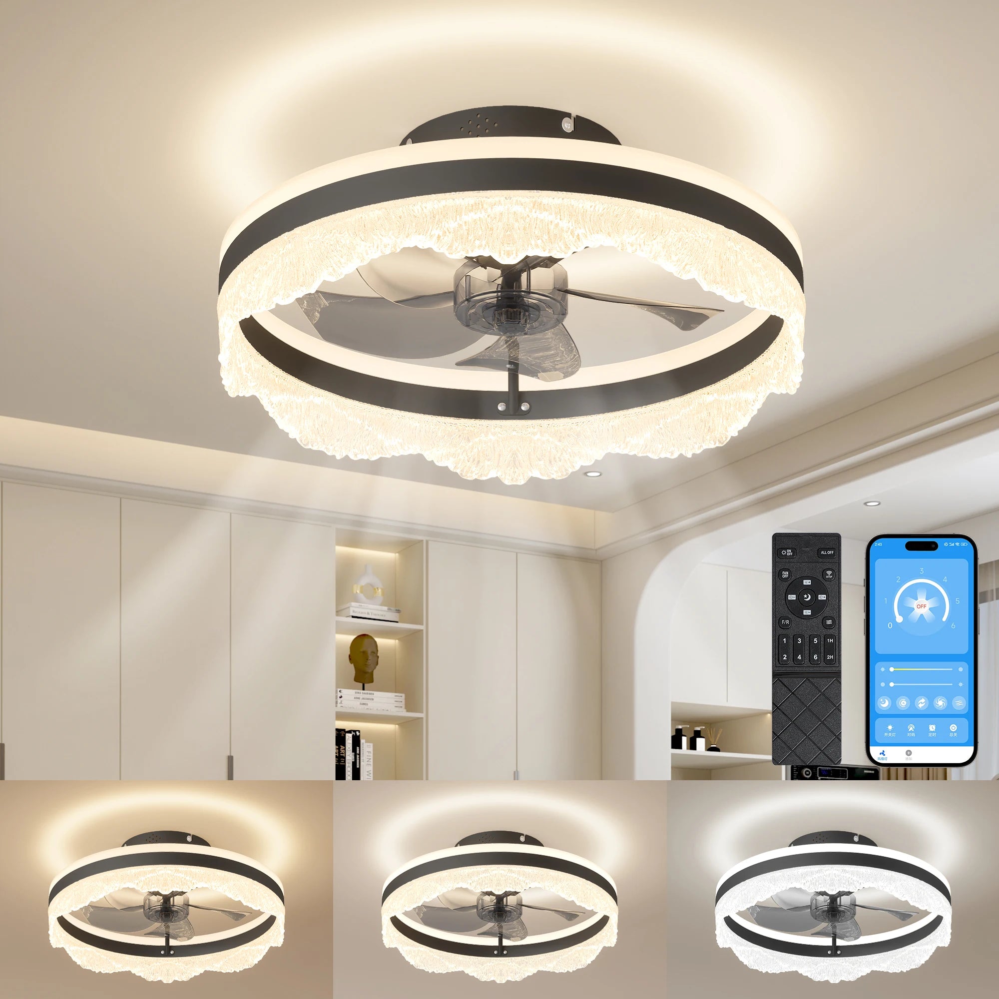 Ship From USA,16" Quiet Ceiling Fan with Light,LED Flush Mount Fan Lamp with Hidden Blades and Natural Airflow