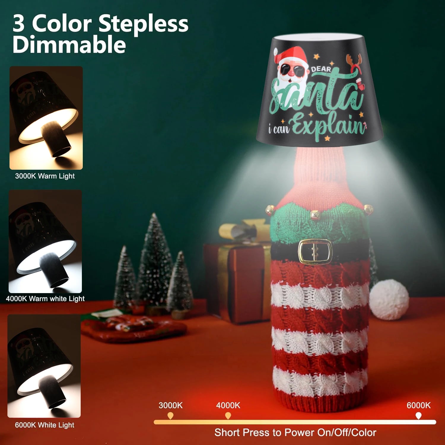Portable Cordless LED Christmas Bottle Light Touch Control 3-Color Dimmable Ambient Night Light for Christmas Party Dining Bar