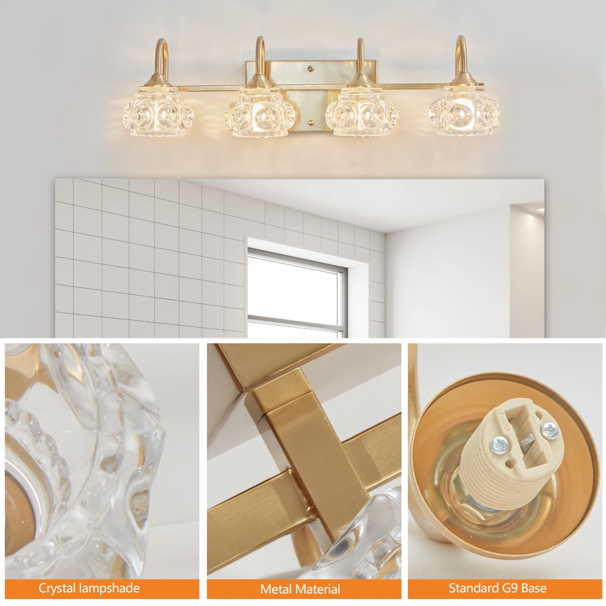 23" Modern Crystal Bathroom Vanity Light, 4-Light Golden Wall Sconce with Clear Glass Shade, Elegant Wall Mount Lighting