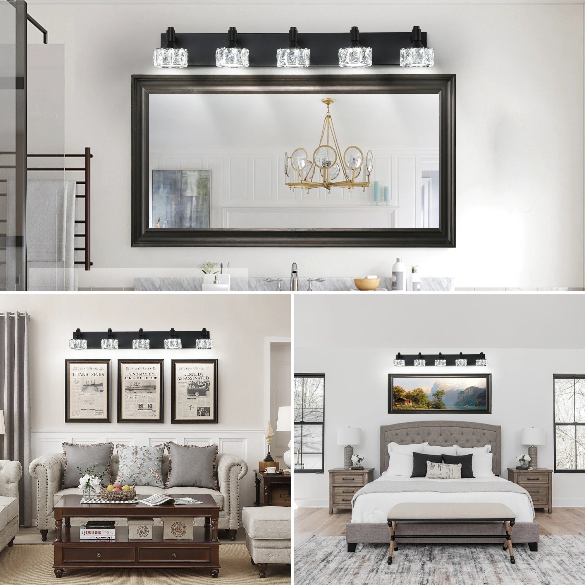 Modern 5-Light Matte Black LED Vanity Light Fixture with Crystal Glass Shades, Bathroom Wall Sconce for Contemporary Home Decor