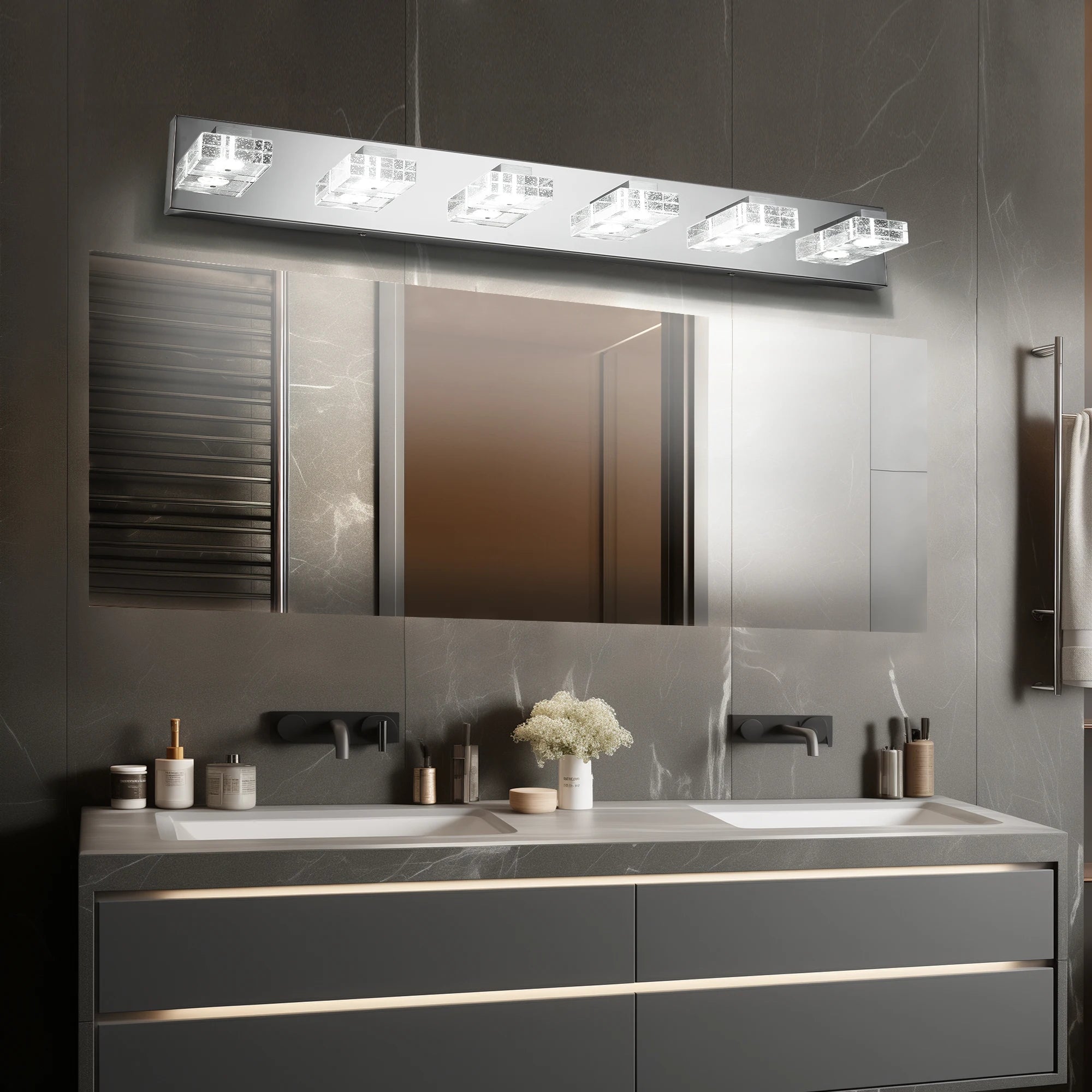 Ship in USA,38" Modern Chrome 6-Light LED Vanity Light,Square Acrylic Lampshades Wall Mount Fixture for Bathroom,Mirror Lighting