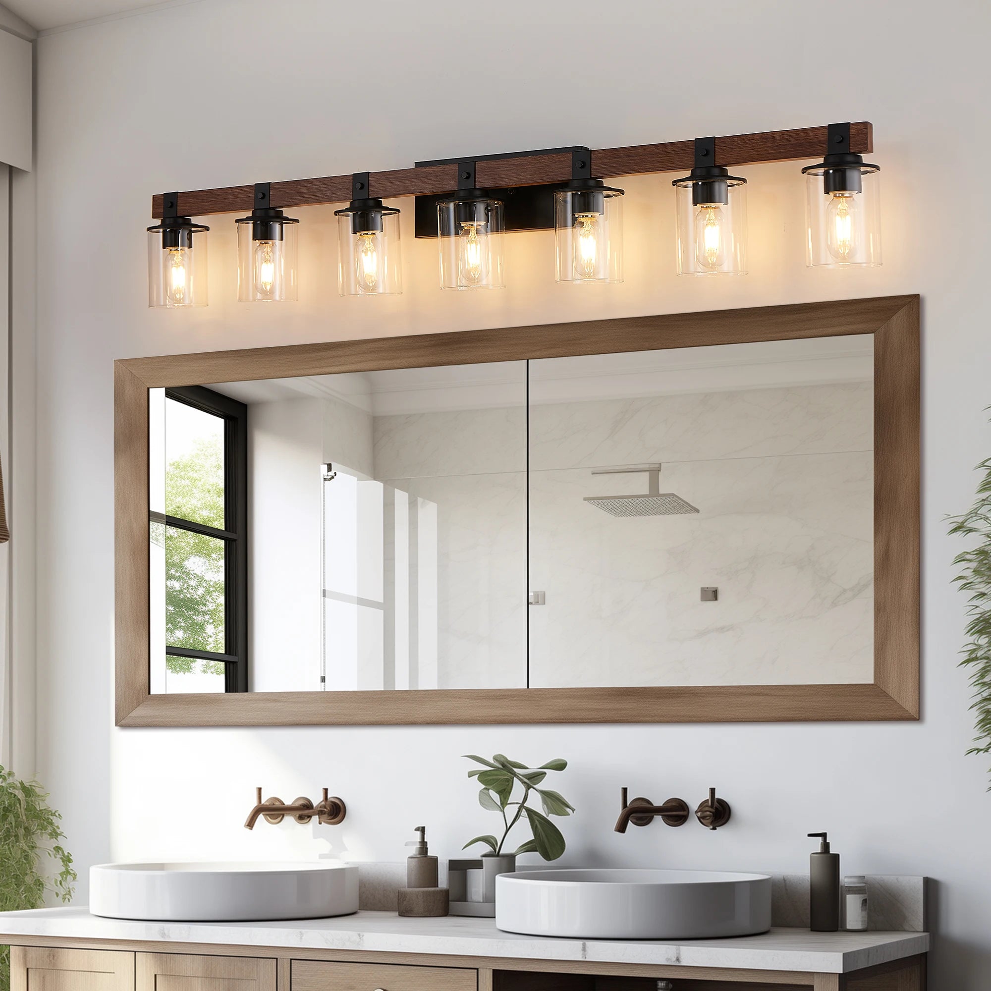 50" Rustic 7-Light Vanity Light, Wall Sconce with Glass Shades and Wood Accent, Modern Farmhouse Lighting Fixture (No Bulbs)