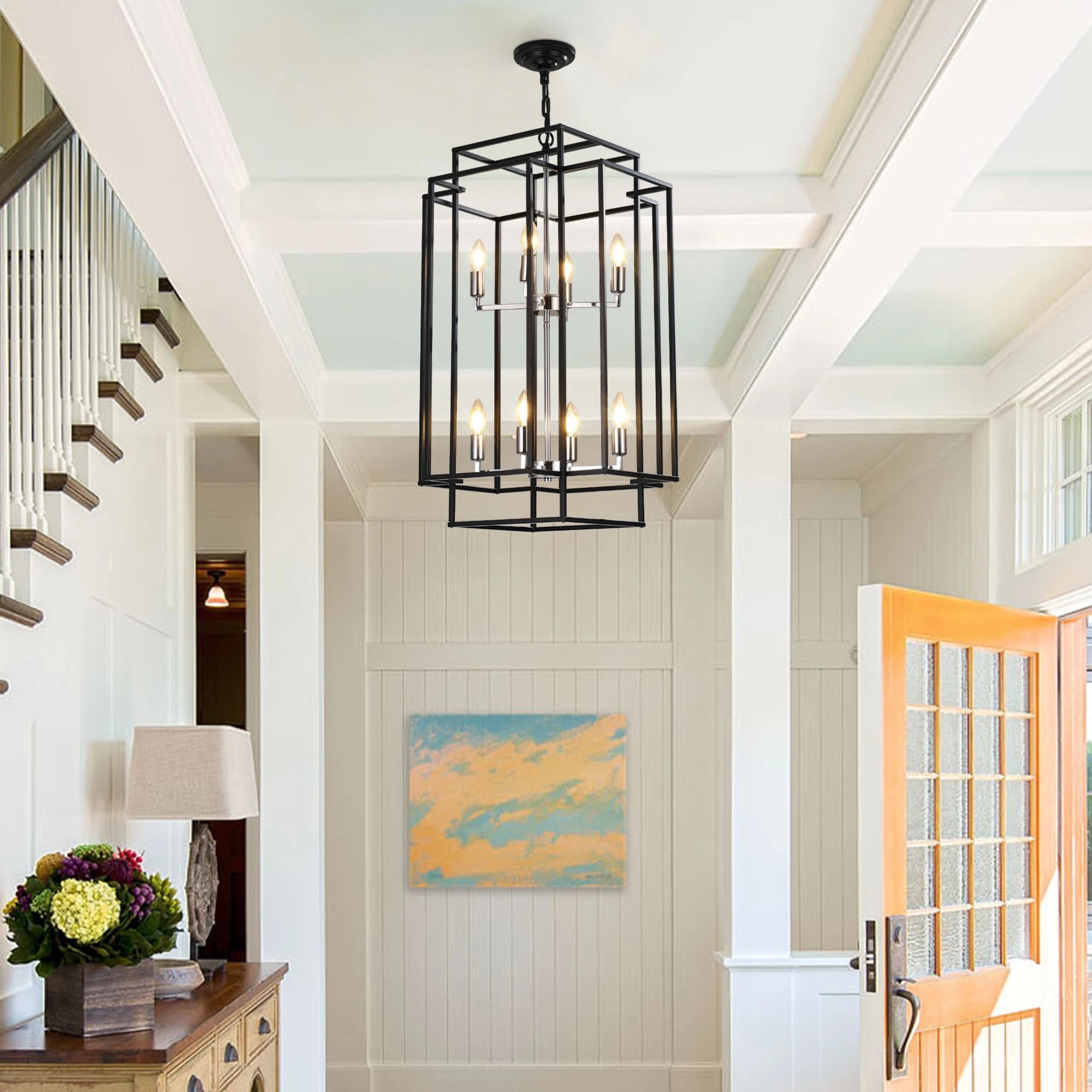 Ready in USA 18" Modern 8-Light Geometric Pendant Chandelier, Industrial Metal Frame, Adjustable Hanging Light (No Bulbs)
