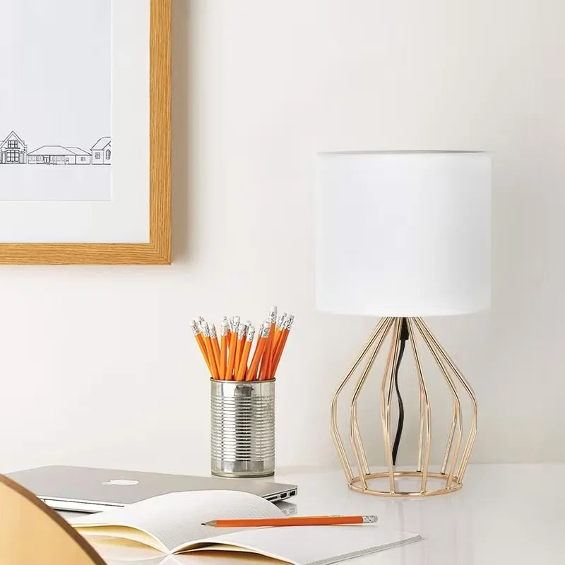 Modern Gold Table Lamp Hollowed Base Linen Fabric Shade Small Bedside Night Light for Bedroom Living Room Home Interior Decor