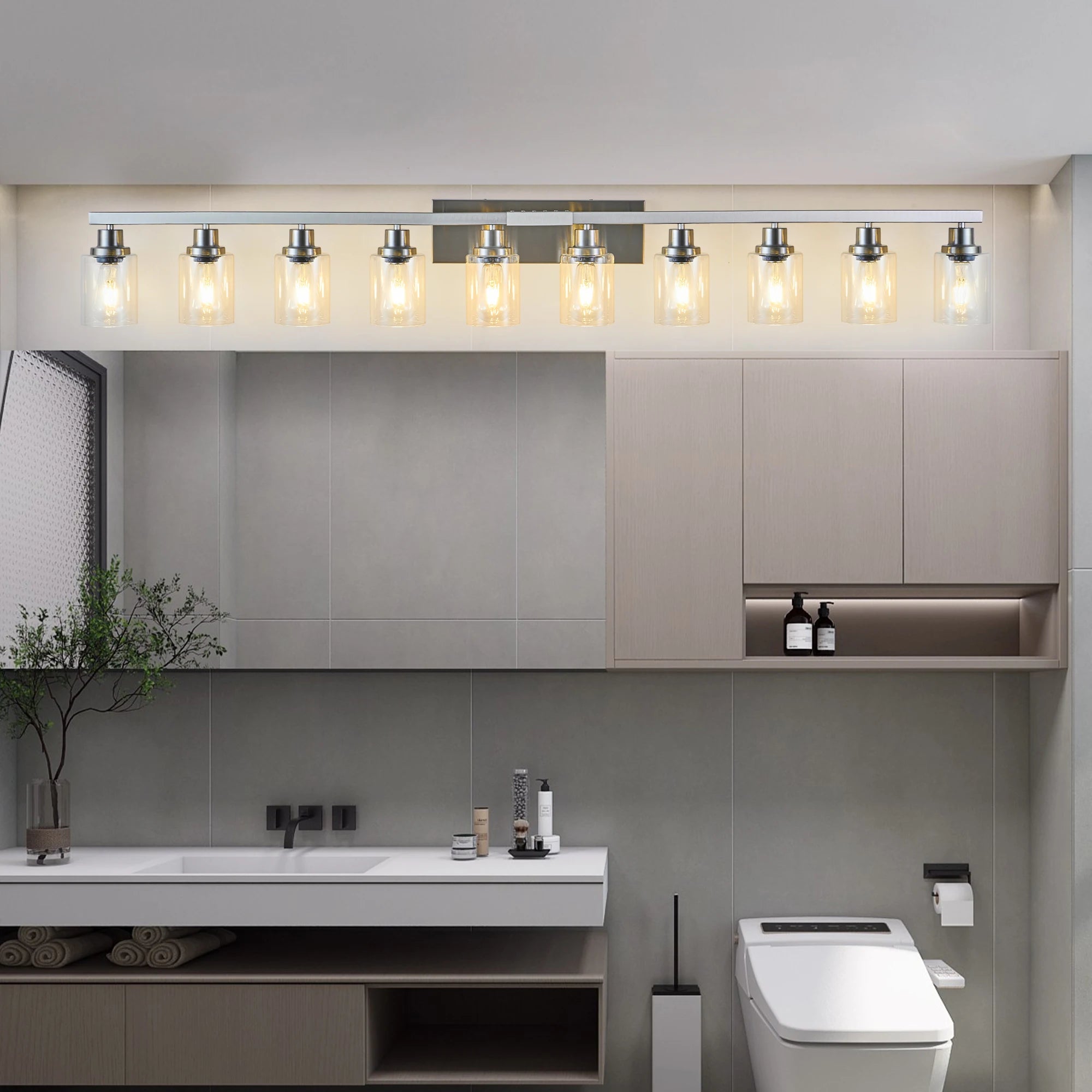 10 Light Bathroom Light Fixtures, Bathroom Vanity Light with Clear Glass, Brushed Nickel Bathroom Lighting Fixtures Over Mirror
