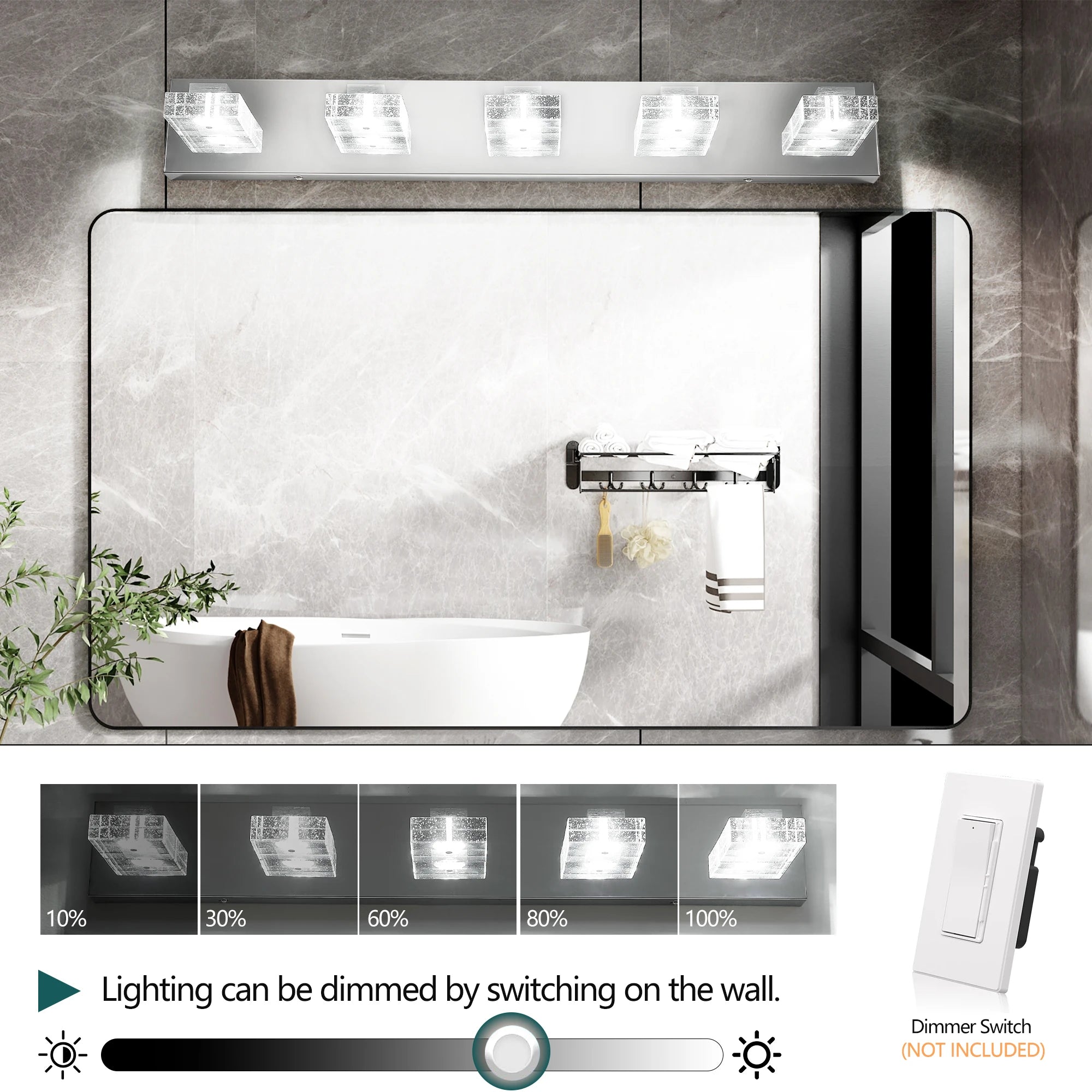Ship in USA,31" Modern Chrome 5-Light LED Vanity Light,Square Acrylic Lampshades Wall Mount Fixture for Bathroom,Mirror Lighting