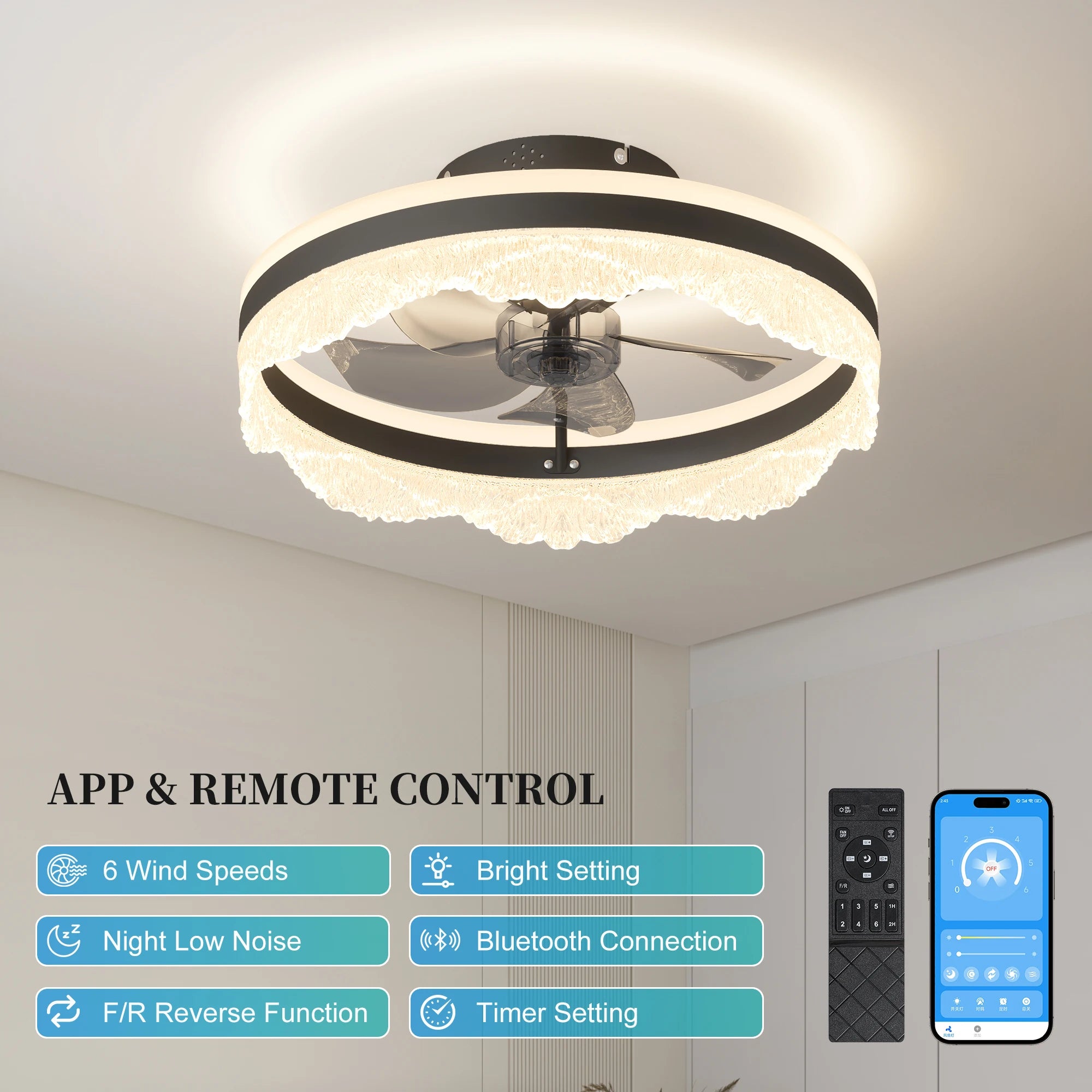 Ship From USA,16" Quiet Ceiling Fan with Light,LED Flush Mount Fan Lamp with Hidden Blades and Natural Airflow