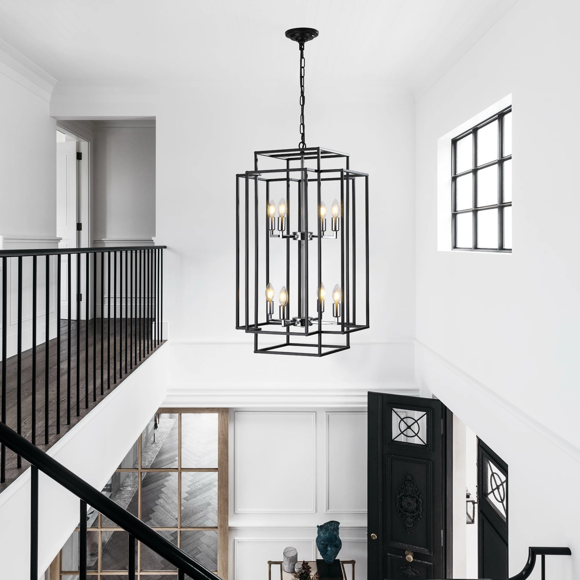 Ready in USA 18" Modern 8-Light Geometric Pendant Chandelier, Industrial Metal Frame, Adjustable Hanging Light (No Bulbs)